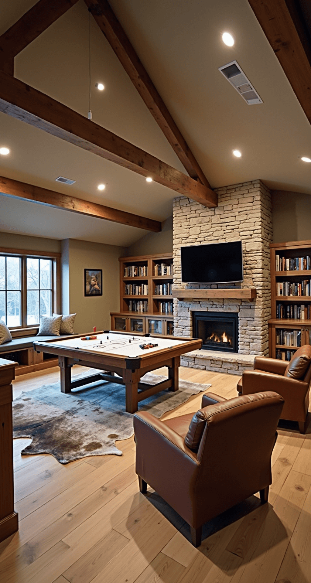 A rustic-modern basement game room with vaulted wooden beams, a stone fireplace, built-in shelving, a multi-game table, a reading nook, and wide-plank barn wood flooring, all illuminated by warm ambient and task lighting.