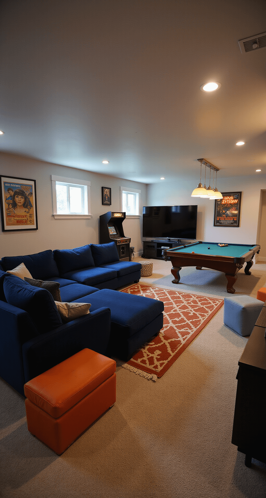 A spacious basement family game room with an oversized blue velvet sectional facing a large TV, featuring a vintage arcade machine, a pool table under pendant lights, and walls decorated with movie posters and neon signs, all illuminated by warm afternoon light.