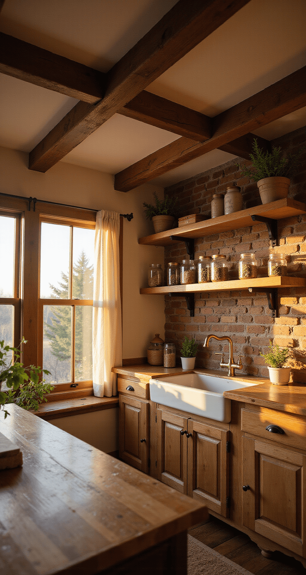 A cozy rustic kitchen bathed in warm golden hour light, featuring exposed wooden beams, a large farmhouse sink with a vintage brass faucet, open shelving with mason jars and potted herbs, and a textured brick accent wall, all captured from eye level with soft focus in the foreground.