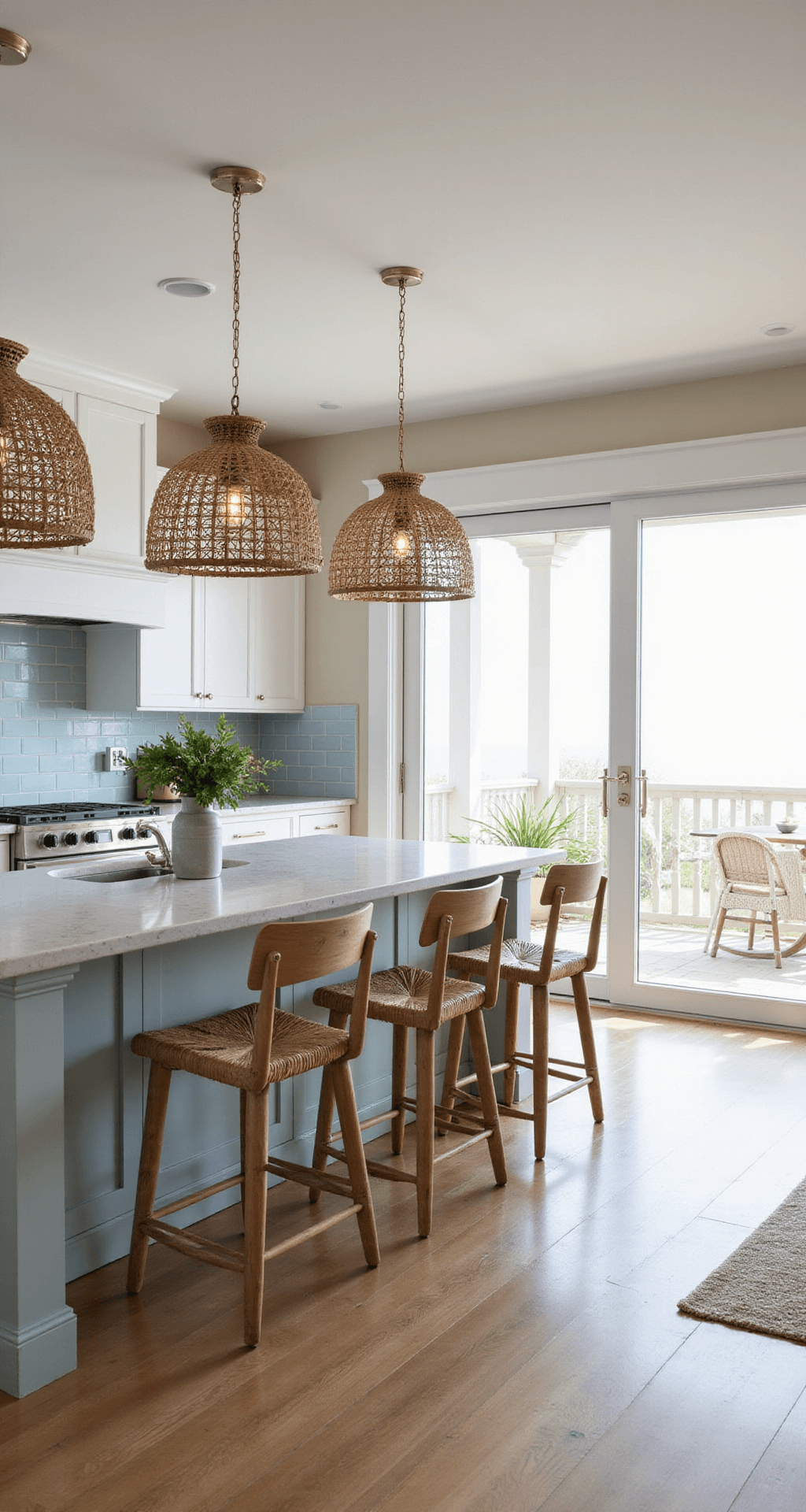 A breezy coastal kitchen with large sliding glass doors, featuring sandy tones and light blues, white shaker cabinets, pale blue subway tile, a driftwood-inspired island with woven pendant lights, rattan bar stools, and seagrass baskets, illuminated by diffused late afternoon light.