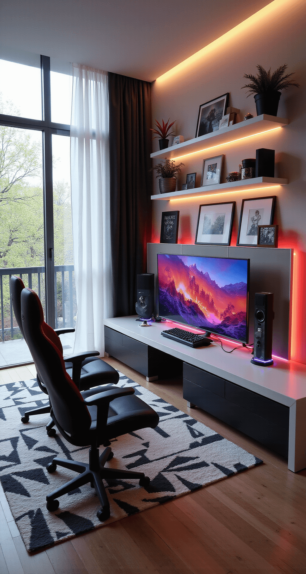 A modern living room corner game zone featuring a sleek white gaming console setup with neon LED backlighting, black and red ergonomic gaming chairs, and collectibles on floating shelves. Bright natural light filters through floor-to-ceiling windows, highlighting abstract gaming-inspired art on the walls and a bold geometric rug. Smart lighting with color-changing bulbs adds a dramatic touch.