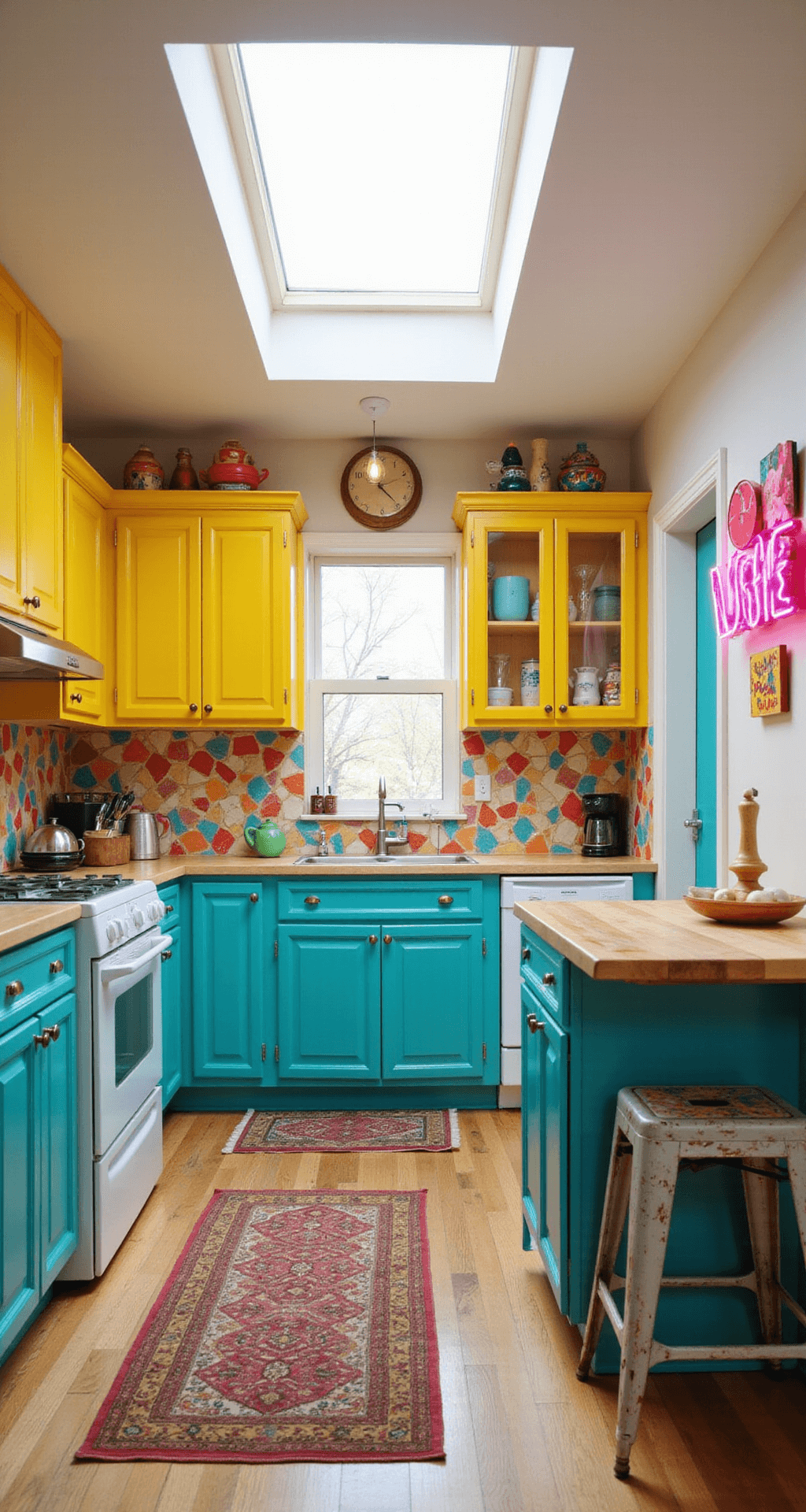 A vibrant kitchen with teal lower cabinets and sunny yellow upper cabinets, featuring a geometric backsplash, a butcher block island with mismatched bar stools, whimsical wall art, and a hot pink neon sign, all illuminated by midday sunlight from a skylight.