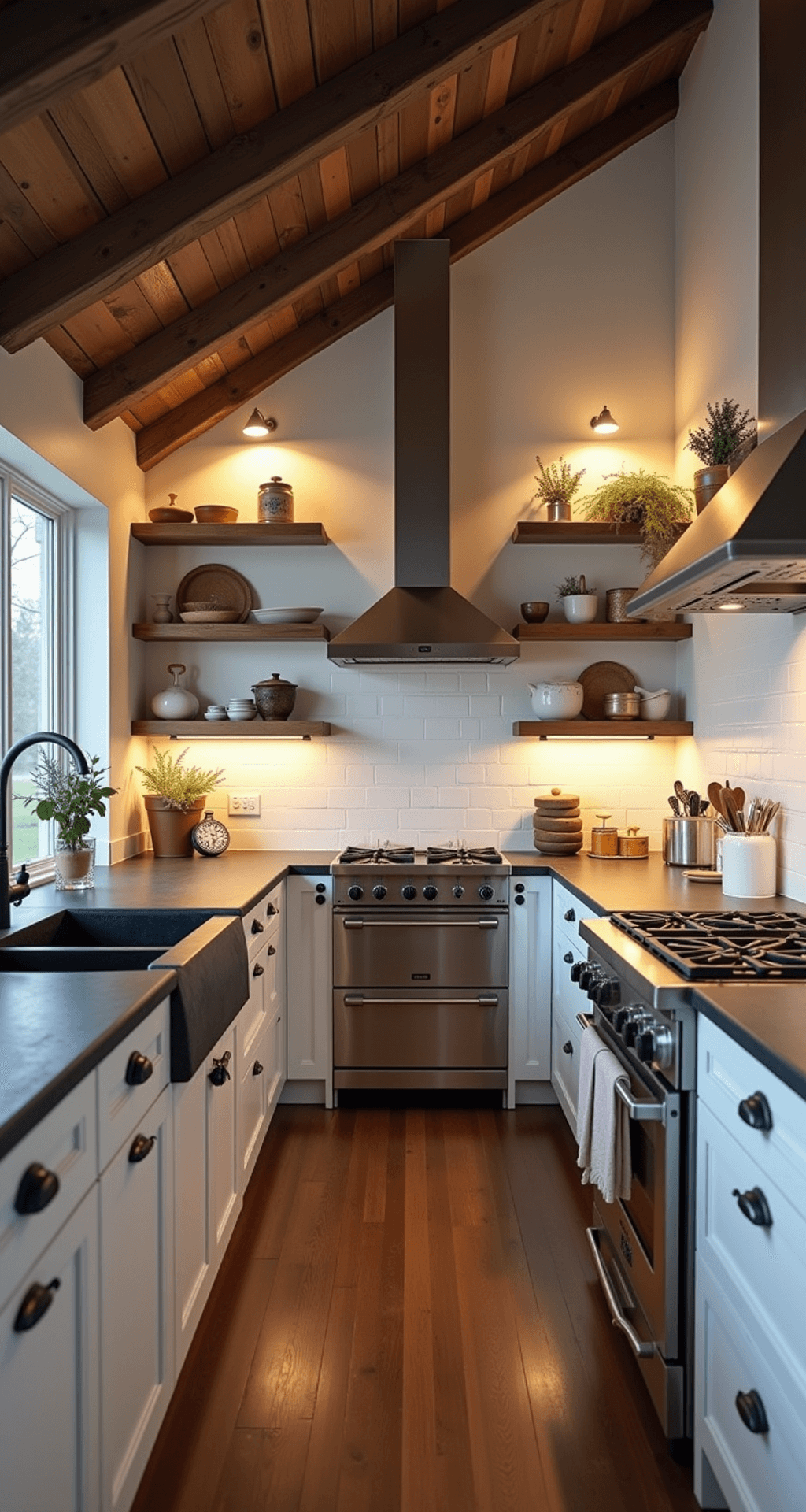 A modern farmhouse kitchen at dusk featuring warm artificial lighting, vaulted reclaimed wood beams, crisp white cabinets, dark soapstone countertops, a large apron-front sink, a commercial-style range, and open shelving with a mix of antique and modern dishware, captured from a low angle to emphasize the height of the space.