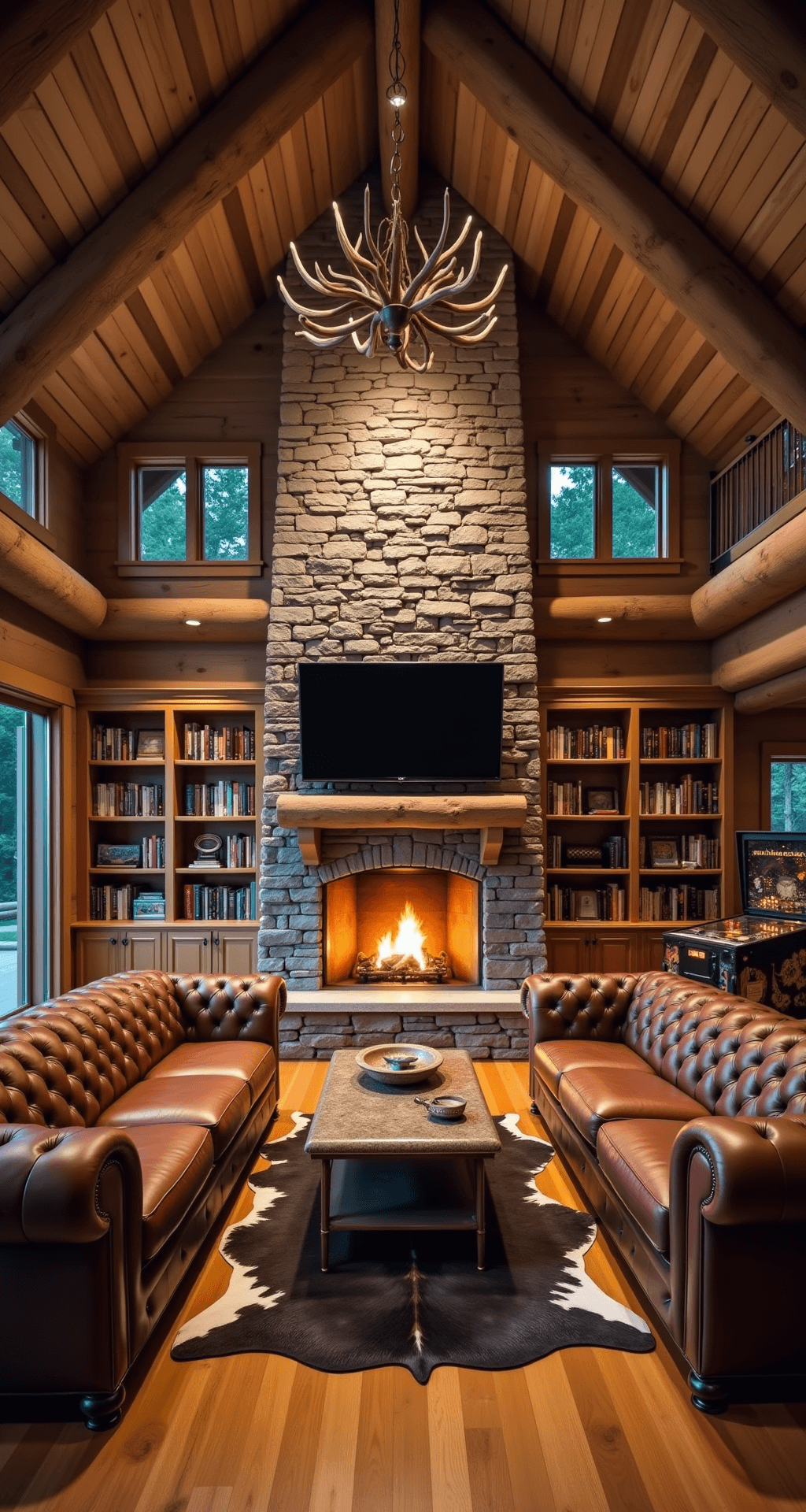Rustic game room with warm golden hour light, featuring a massive stone fireplace, leather Chesterfield seating, vintage pinball machine, and floor-to-ceiling bookshelves, all illuminated by an antler chandelier and cozy firelight.