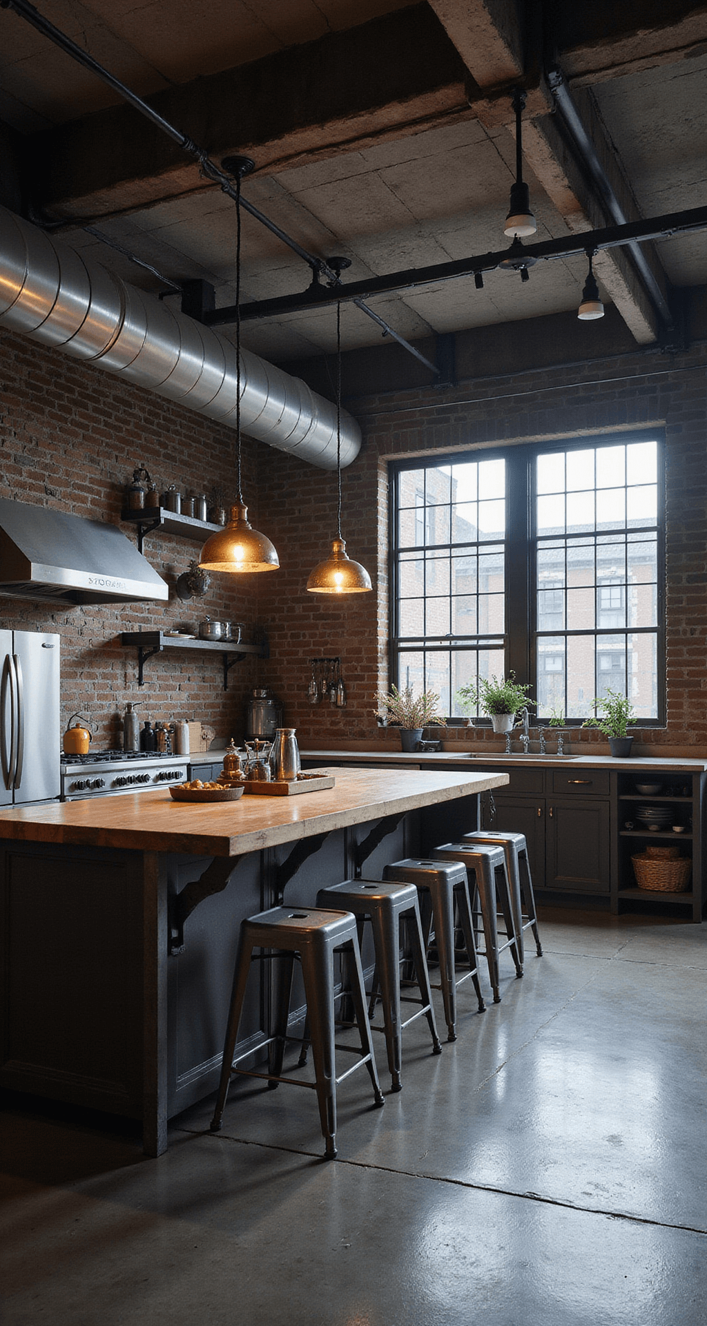 An industrial-chic kitchen in a loft, featuring exposed brick walls, concrete floors, stainless steel appliances, and a butcher block island with metal stools, illuminated by cool bluish light from factory-style windows and vintage-inspired pendant lights.