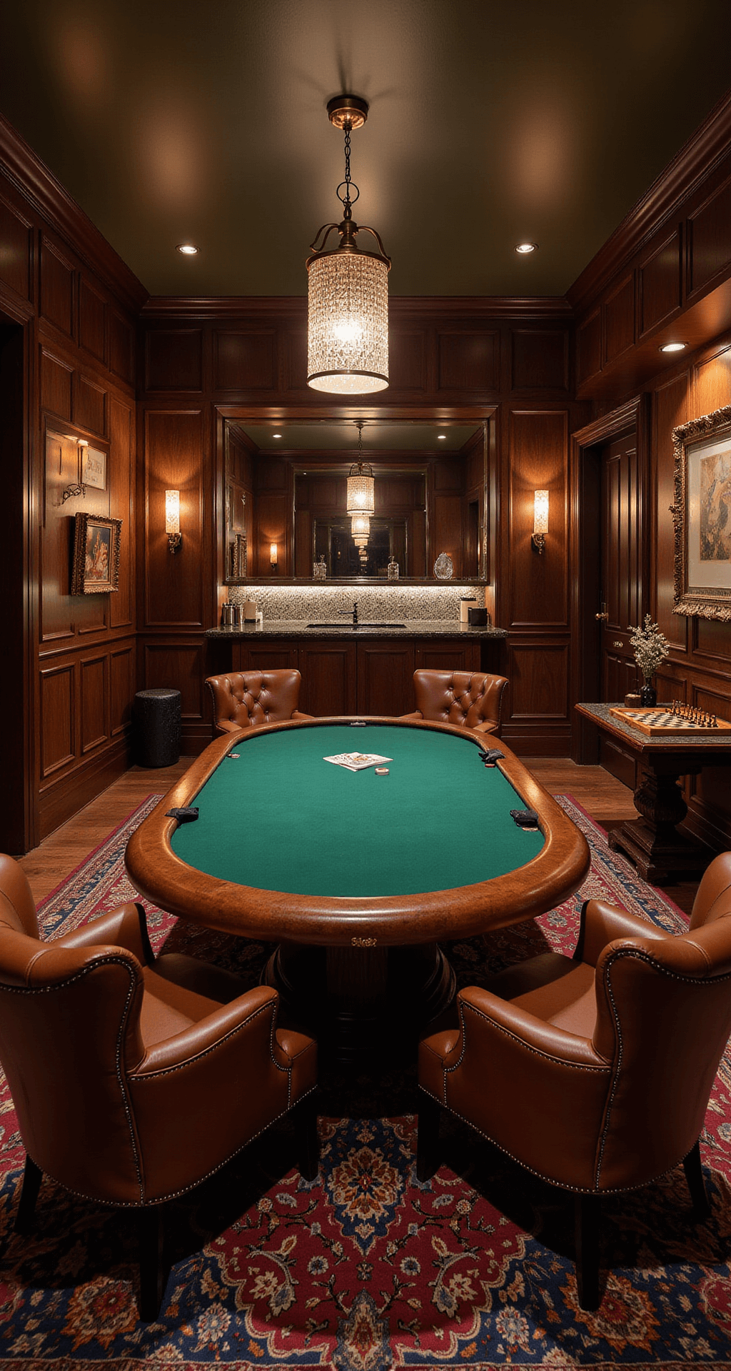 A stylish adult game room featuring dark walnut paneled walls, an emerald green felt poker table surrounded by luxurious leather club chairs, and a full bar with a mirrored backsplash. The space is illuminated by moody Art Deco sconces and a crystal chandelier, with a chessboard on a side table and an oriental rug adding rich jewel tones and warmth. The low angle shot captures the dramatic lighting focused on the poker table.