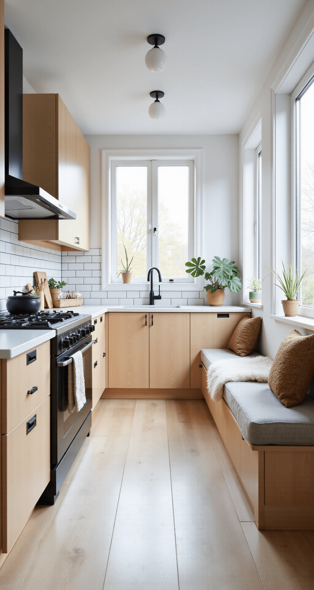 A bright Scandinavian-inspired kitchen with pale wood cabinets and flooring, featuring a white subway tile backsplash, minimalist black hardware, and a cozy built-in banquette adorned with sheepskin throws, all illuminated by natural light from large windows.