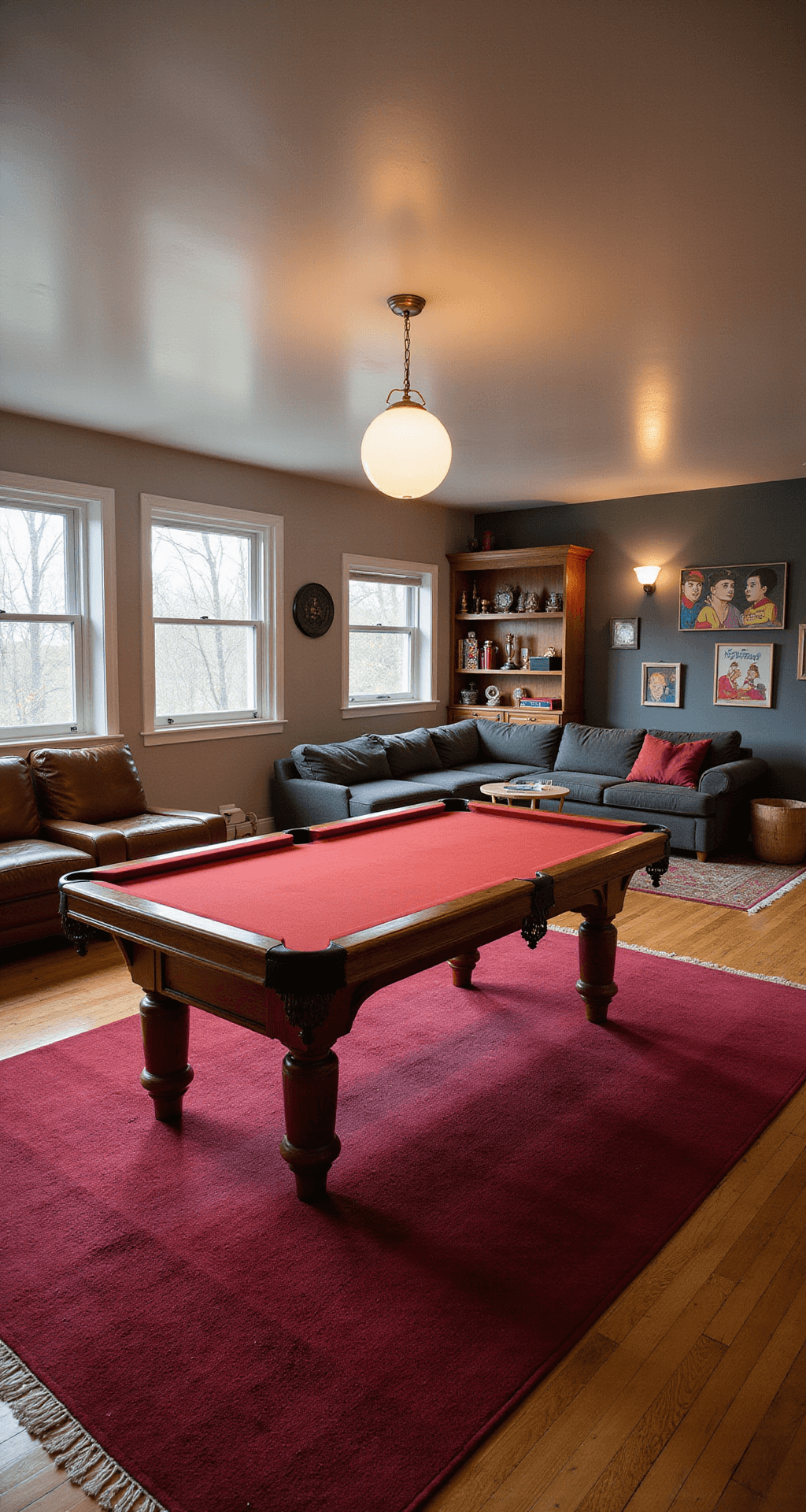 A spacious basement game room featuring a vintage pool table on a red rug, surrounded by mid-century modern furniture, with built-in shelving and a mural of game characters, all illuminated by warm afternoon light and a globe pendant light. family game room