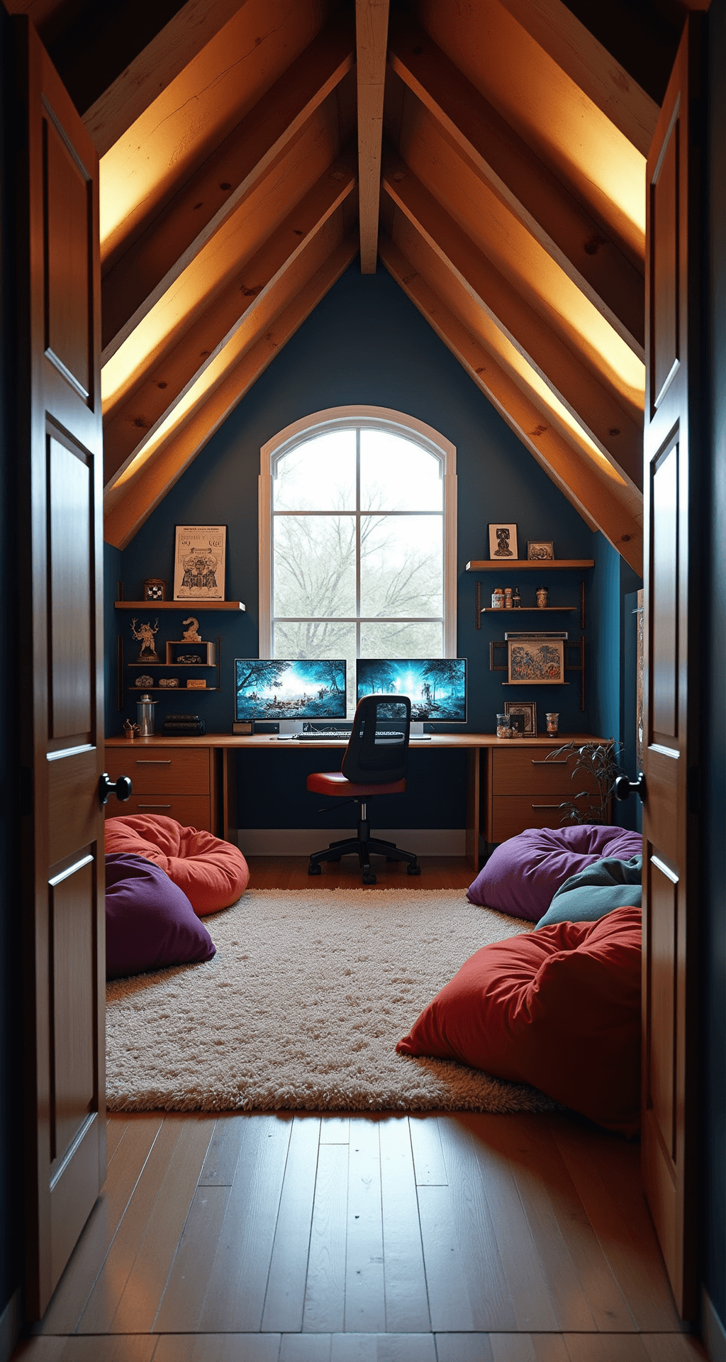 Family Game Room: Where Fun Meets Style A cozy attic game nook featuring slanted ceilings, exposed wooden beams, and a large dormer window that streams in morning light. The space boasts a custom gaming station with multiple monitors, neon backlighting, and shelves displaying figurines and posters. Jewel-toned bean bags are arranged on a plush shag rug, against deep navy walls and warm wood accents, complemented by a small bar cart with snacks and drinks. The low angle shot captures the intimate, secluded atmosphere.