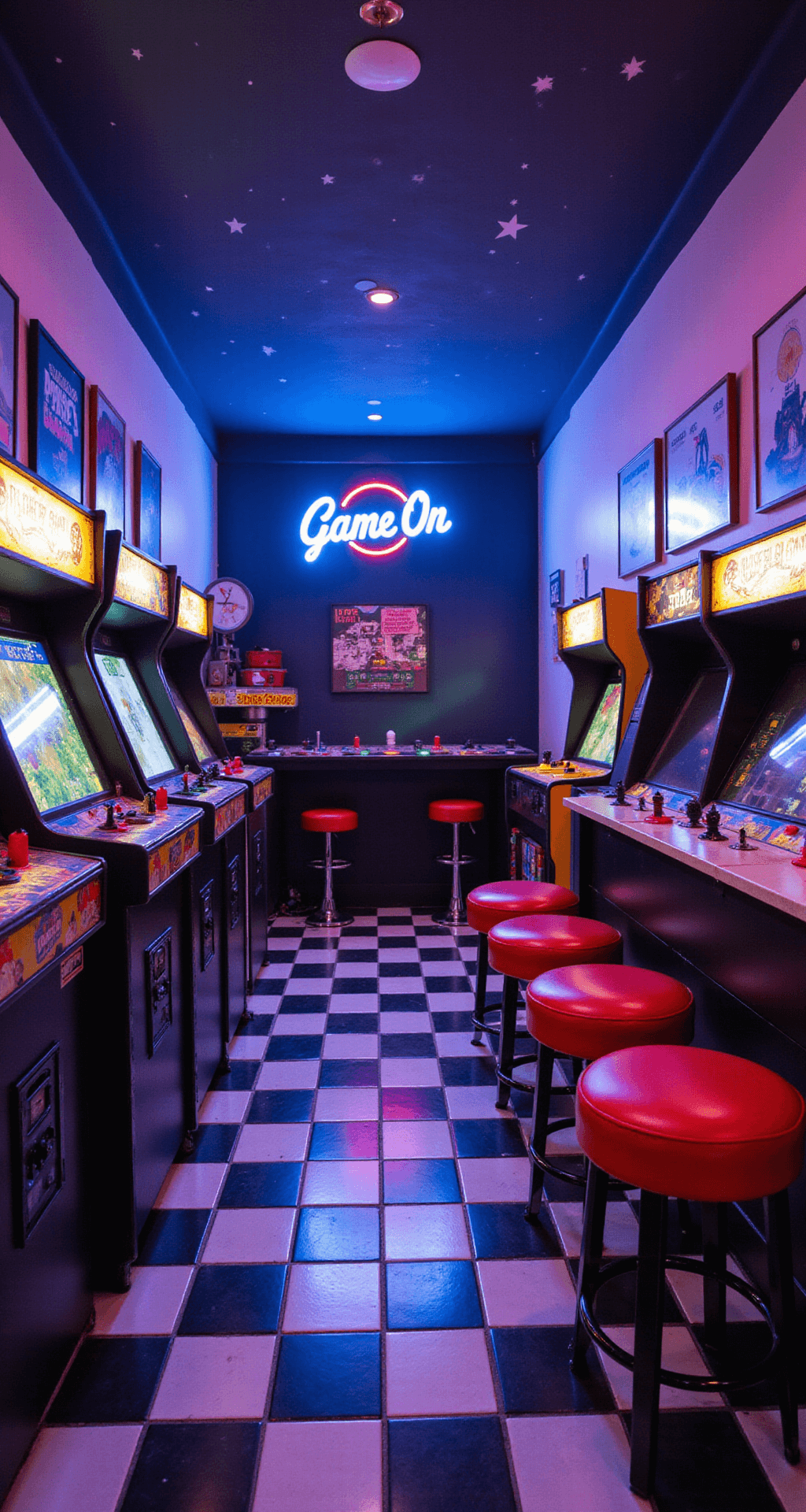 Family Game Room: Where Fun Meets Style A transformed bonus room featuring colorful LED lighting, vintage arcade cabinets, a multi-game table, black and white checkered flooring, a deep space blue ceiling with glow-in-the-dark stars, and bright vinyl barstools, captured from an eye-level angle.