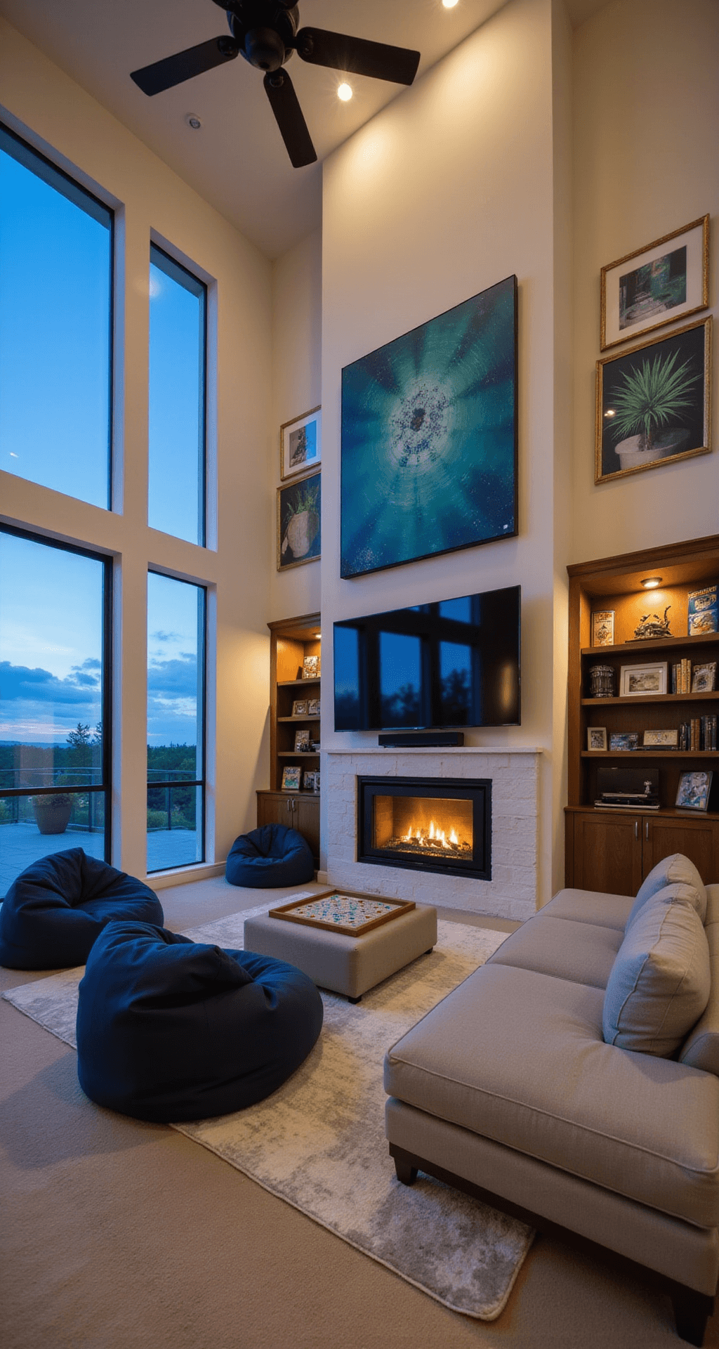 Family Game Room: Where Fun Meets Style A cozy open-concept family room featuring floor-to-ceiling windows with a twilight view, a large flat-screen TV above a modern electric fireplace, light gray sectional sofa, navy blue bean bag chairs, and a large ottoman set for Scrabble, complemented by built-in cabinets of games. The soft cream walls are adorned with family photos and abstract art, all softly lit by recessed lighting and the fireplace's glow.
