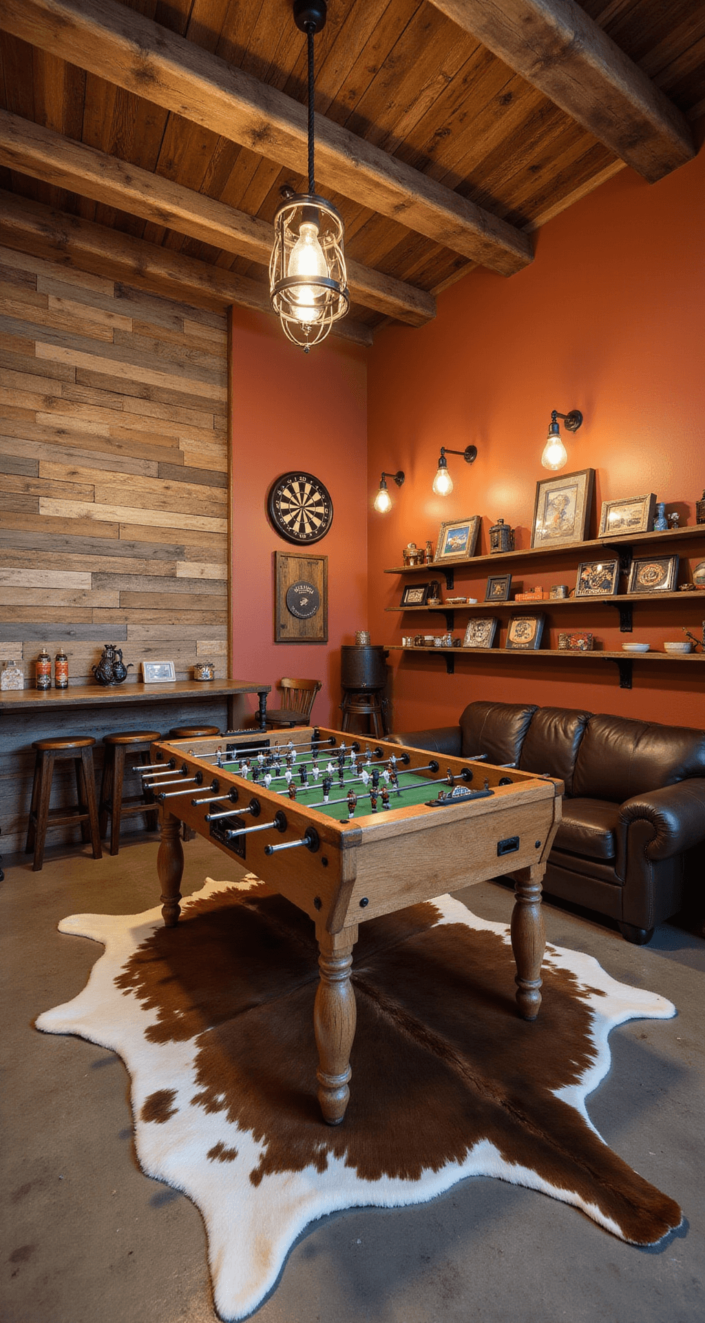 Family Game Room: Where Fun Meets Style A rustic-themed game room in a converted garage with reclaimed barn wood and warm terracotta walls, featuring a vintage foosball table on a cowhide rug, leather seating, open shelving with board games, a dart board, and a small bar with stools, all illuminated by warm Edison bulb pendant lights.