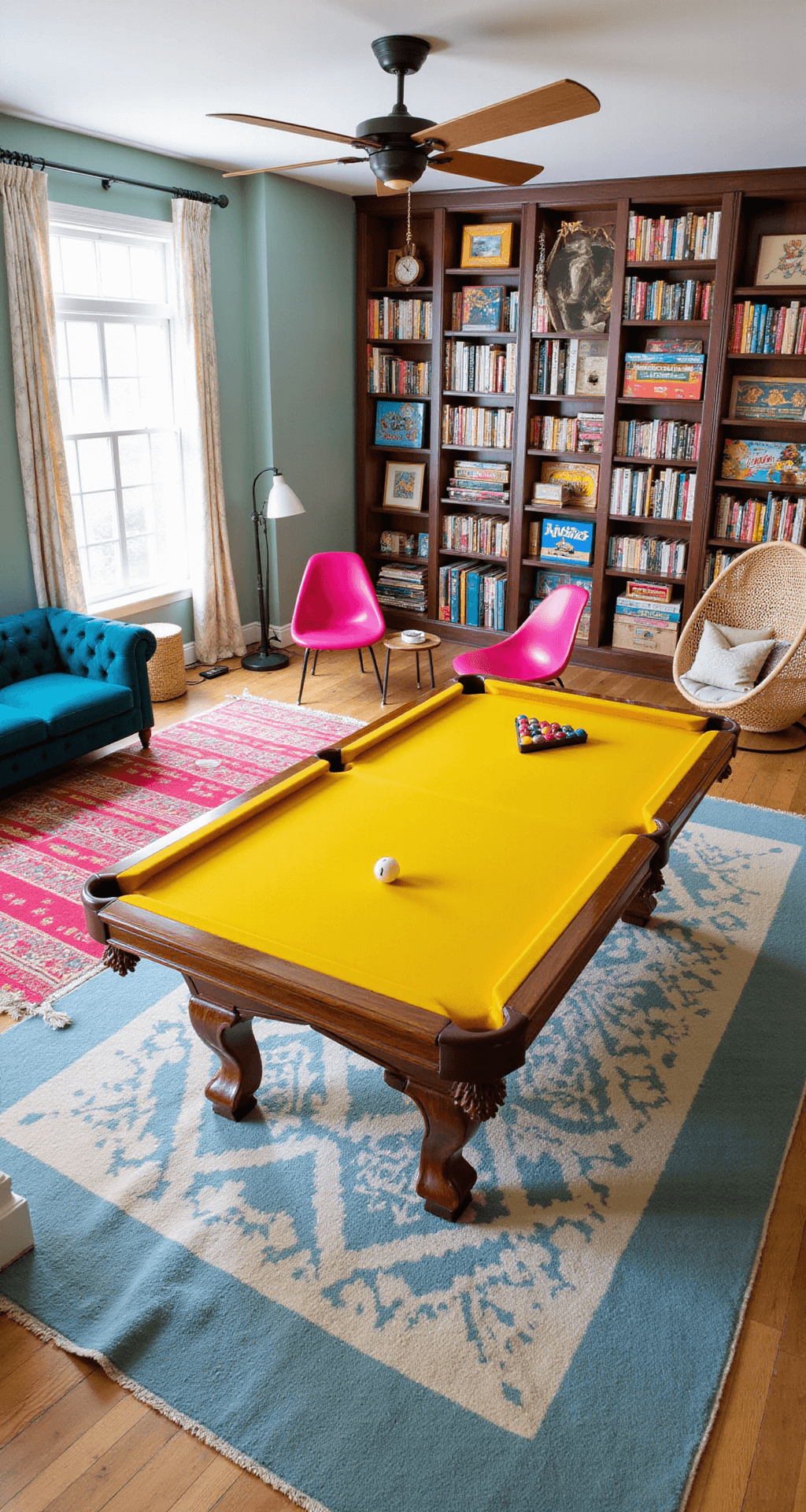 Family Game Room: Where Fun Meets Style An eclectic game room featuring a bright yellow pool table on a geometric rug, surrounded by a teal velvet sofa, hot pink acrylic chairs, and a rattan egg chair, with colorful bookshelves and a collage of vintage game boards on the walls, under an industrial ceiling fan.