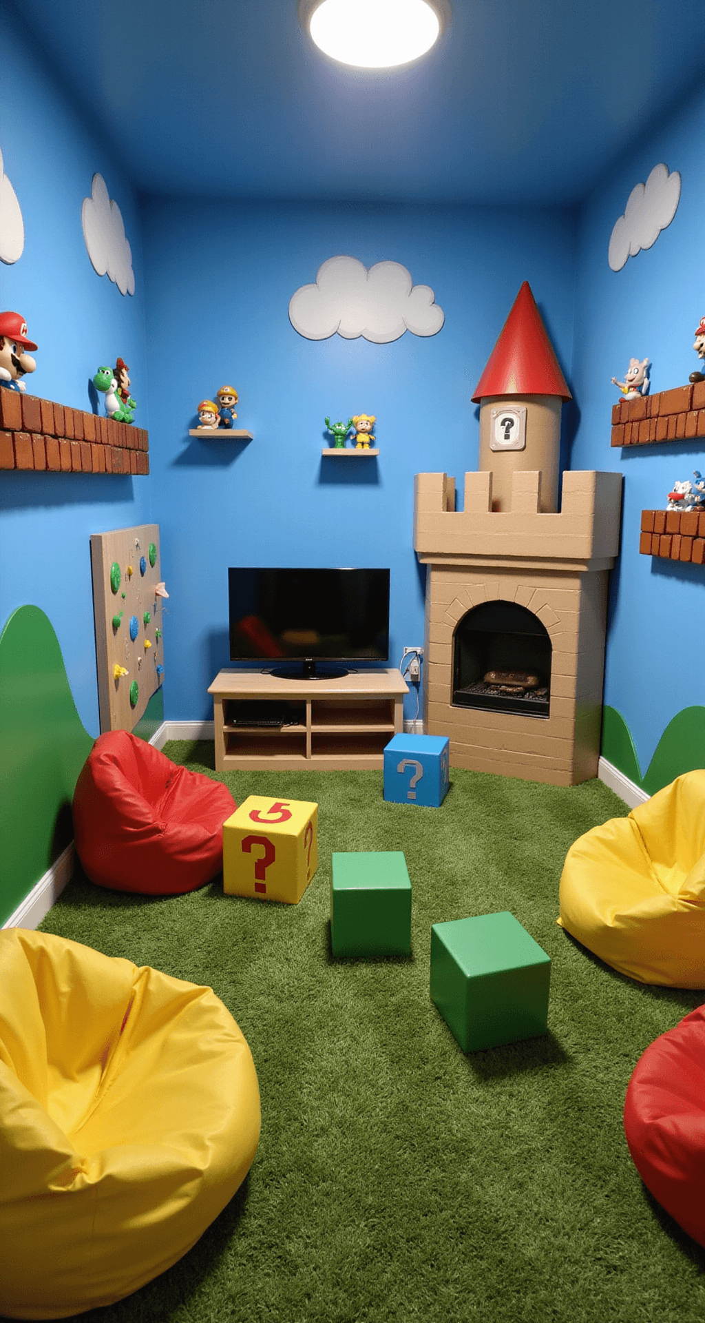 Family Game Room: Where Fun Meets Style A vibrant, Super Mario-themed kids' game room featuring a sky-blue wall with clouds, a castle TV unit, oversized foam question mark blocks on green shag carpet, character-shaped bean bag chairs, a climbing wall designed like a game level, and floating pipe-shaped shelves displaying memorabilia, captured from a child's eye level with bright, cheerful lighting and colorful LED accents.