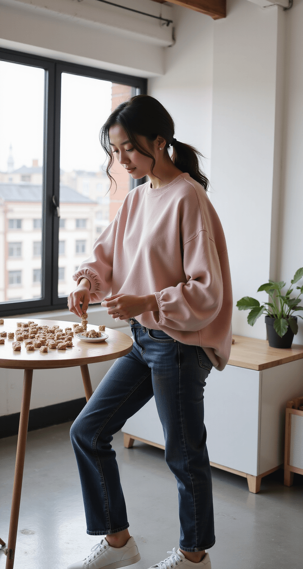 Aerial view of a bright loft space in the late afternoon, featuring a person in dark wash stretch denim and an oversized soft pink sweater with balloon sleeves, arranging game pieces. They wear classic white sneakers, with hair in a low ponytail and wispy strands framing their face, showcasing a casual and relaxed atmosphere.