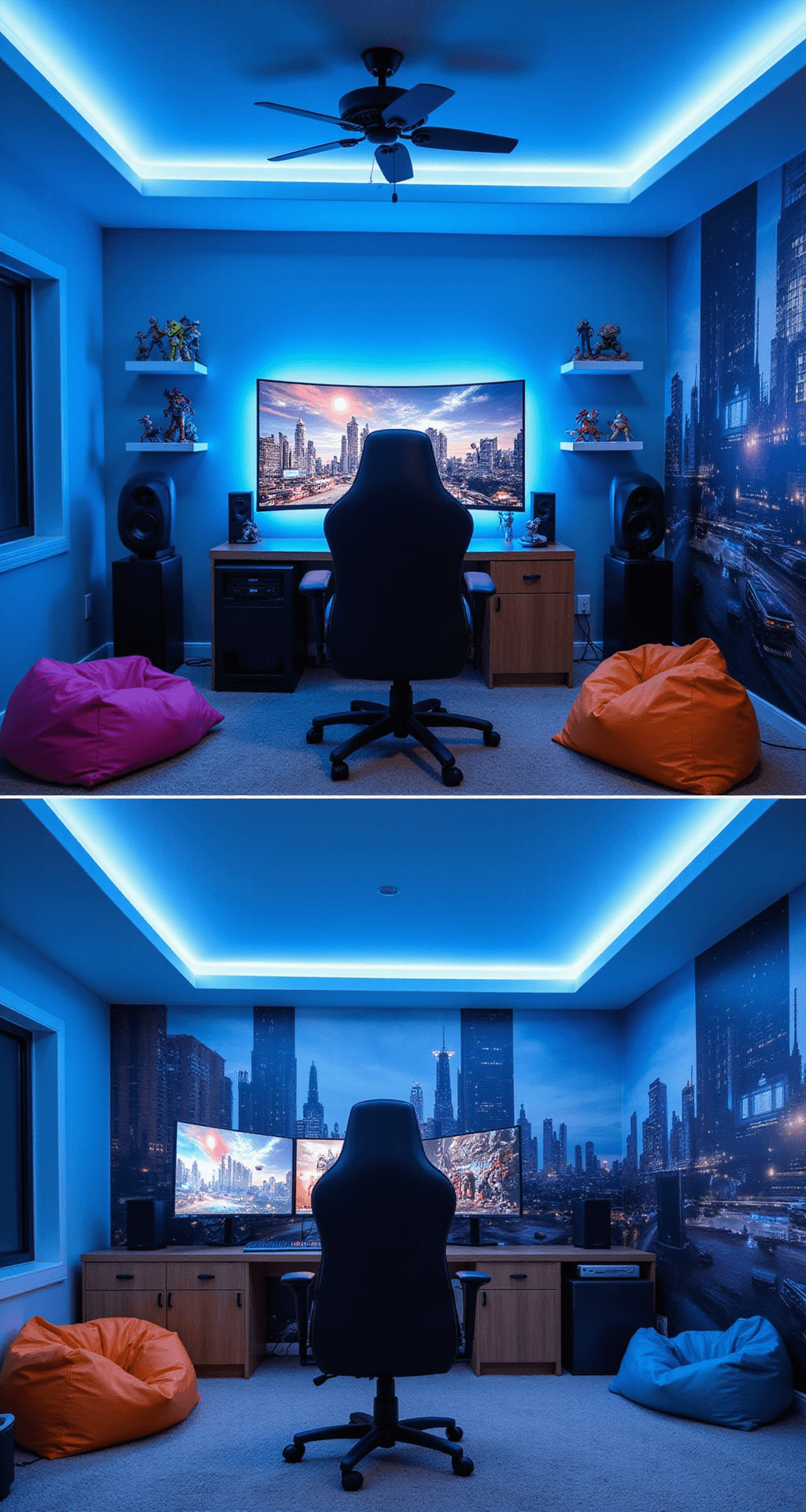 A futuristic gaming basement featuring soft blue LED lighting, a massive curved ultra-wide monitor, floating shelves with colorful figurines, a science fiction cityscape mural, a sleek black leather gaming chair, and neon-colored bean bags, all captured from a corner angle.