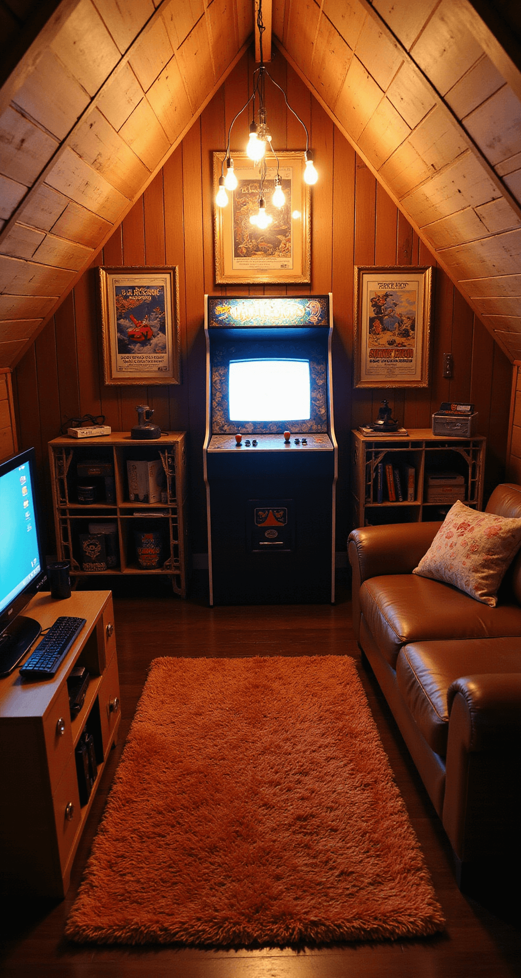 A cozy attic arcade featuring wood-paneled walls adorned with vintage game posters, illuminated by warm Edison bulbs, with a custom arcade cabinet, repurposed milk crate shelves, a plush burnt orange shag rug, and a leather loveseat facing a CRT TV in a nostalgic setting.