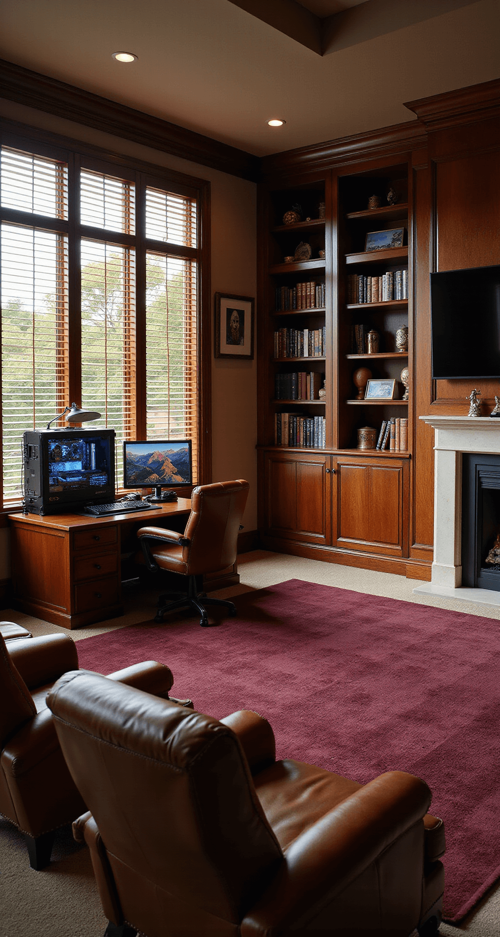 A luxurious home office and gaming room featuring a mahogany desk with dual monitors, a high-end gaming PC, built-in bookshelves with books and collectibles, a burgundy rug, leather armchairs, and a large TV above an electric fireplace, all bathed in warm afternoon light.