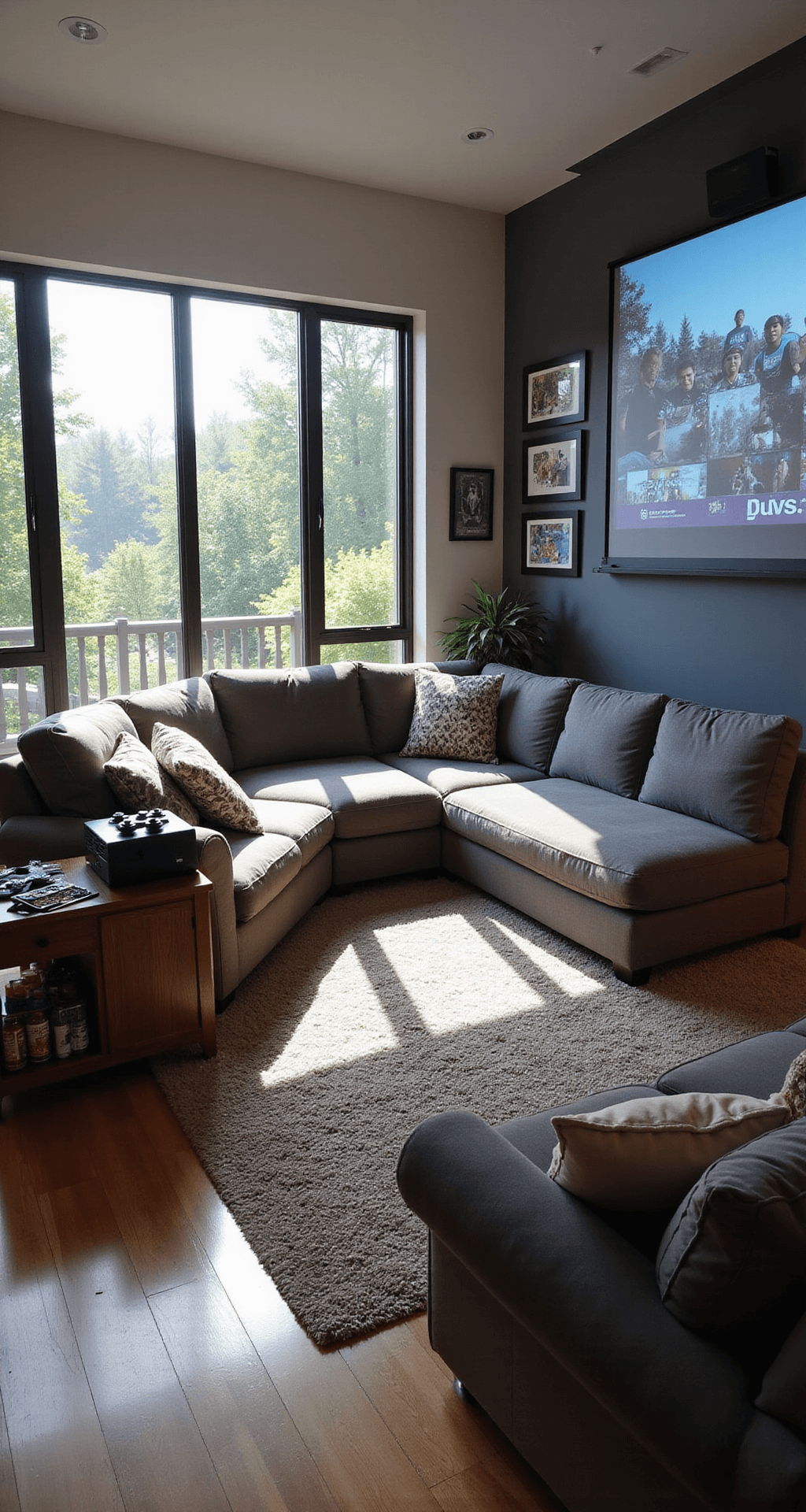 A lively family room designed for multiplayer gaming, featuring a large sectional sofa, a projector displaying gaming content, surround sound speakers, a custom coffee table with game storage, framed screenshots on the walls, and a mini-fridge stocked with snacks, all bathed in afternoon light.