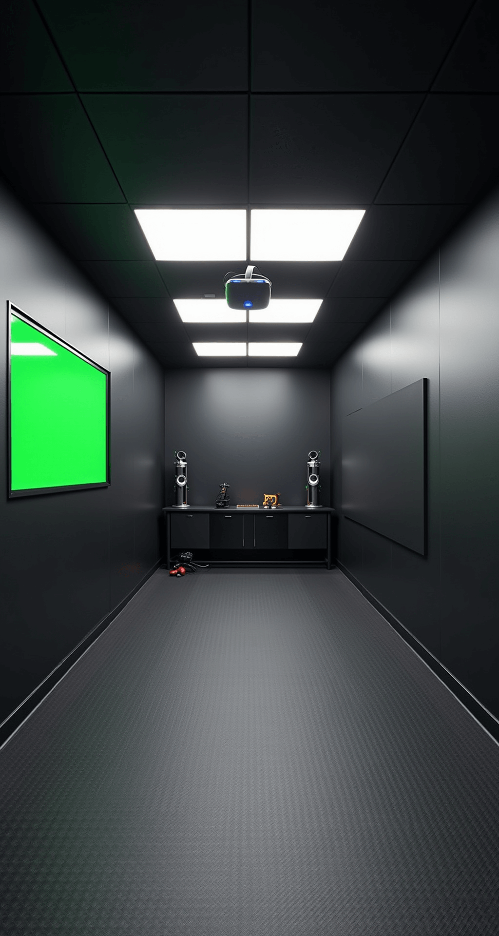 A transformed 12x18 ft basement VR gaming space with matte black walls, soft LED lighting, a clear play area, textured rubber flooring, a green screen wall, a sleek equipment cabinet, and a recording setup, all captured from a high corner angle.