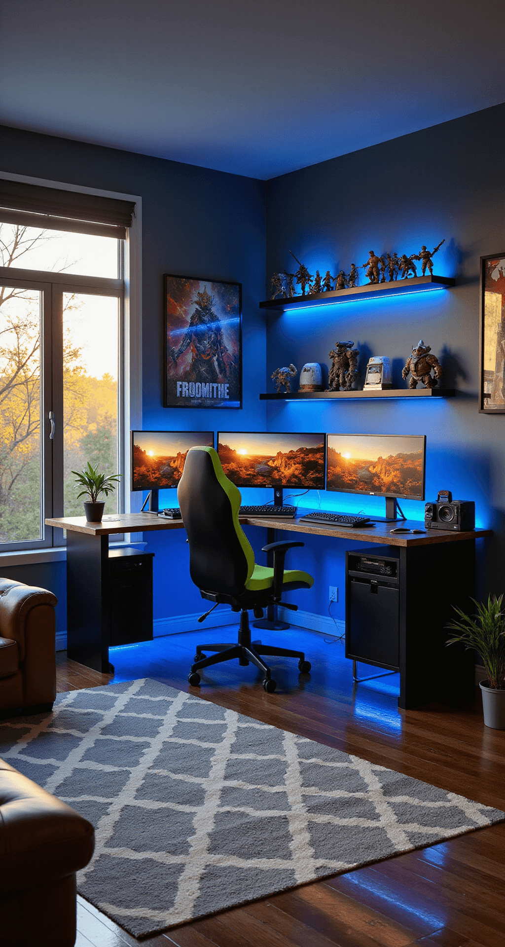 A spacious boys game room features a sleek L-shaped gaming desk with three curved monitors, an empty black and neon green ergonomic chair, and LED strip lights. Deep charcoal walls are decorated with gaming posters and shelves of action figures, while a geometric patterned rug anchors a leather sectional sofa. The room is illuminated by warm golden hour sunlight, contrasting with the cool glow of the LEDs.