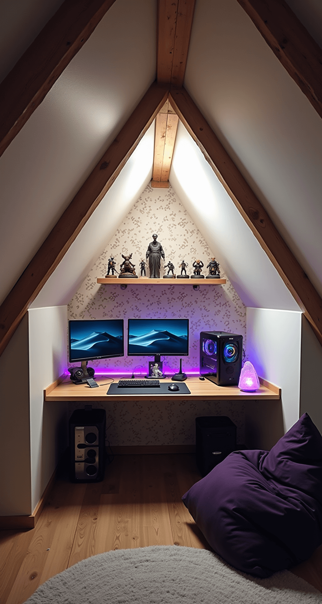 An intimate gaming nook in a loft, featuring slanted ceilings with wooden beams, a dual-monitor setup and custom PC under a skylight, limited edition figurines on a shelf, textured pixel-patterned wallpaper, a cozy purple bean bag, and warm ambient lighting.