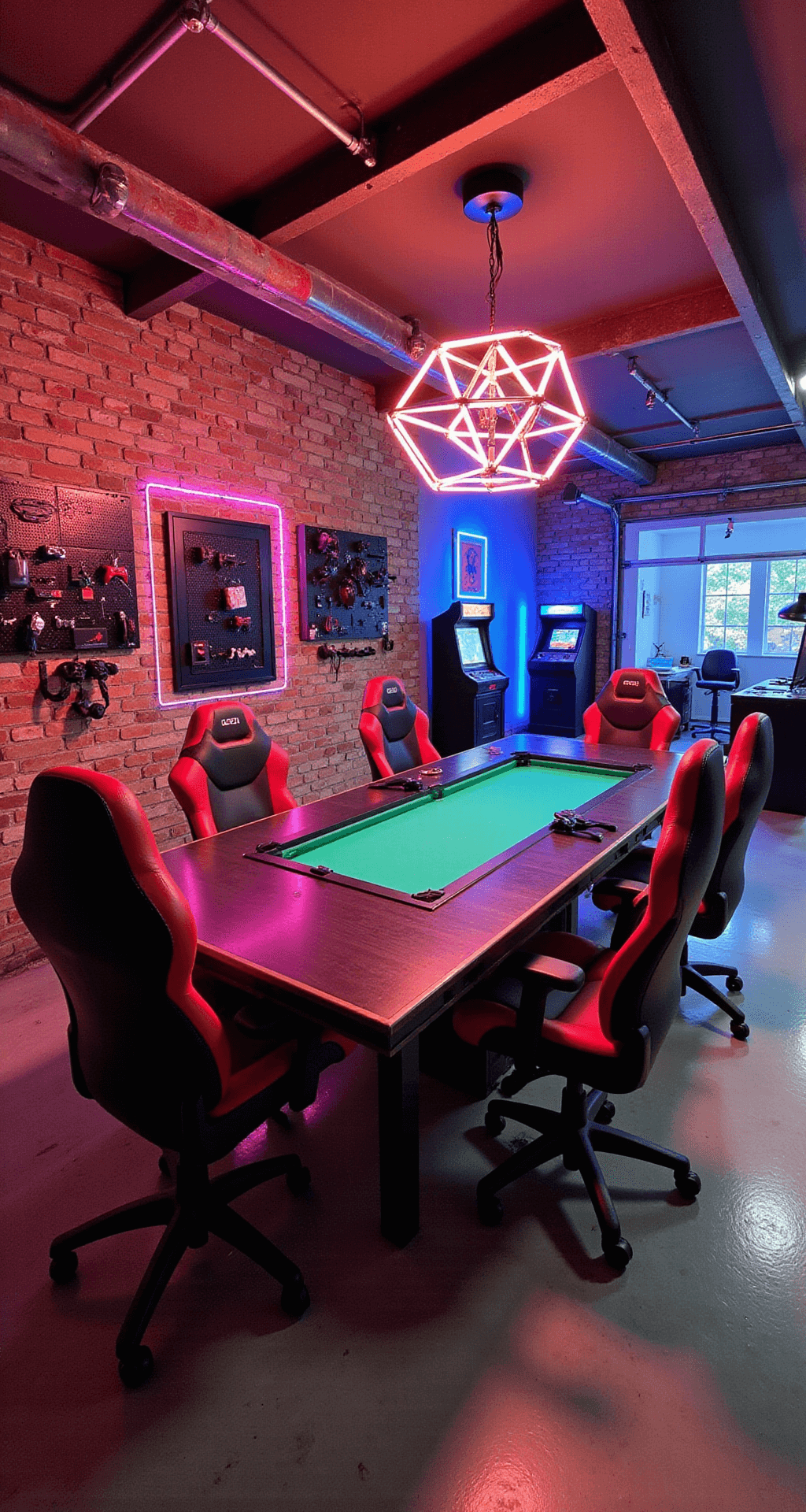 A converted garage game room featuring industrial-chic design with exposed brick walls, polished concrete floors, a massive gaming table with built-in screens, red and black custom gaming chairs, a geometric LED chandelier, a floor-to-ceiling pegboard for gaming accessories, a vintage arcade cabinet, and a modern VR setup, captured from a high corner angle.