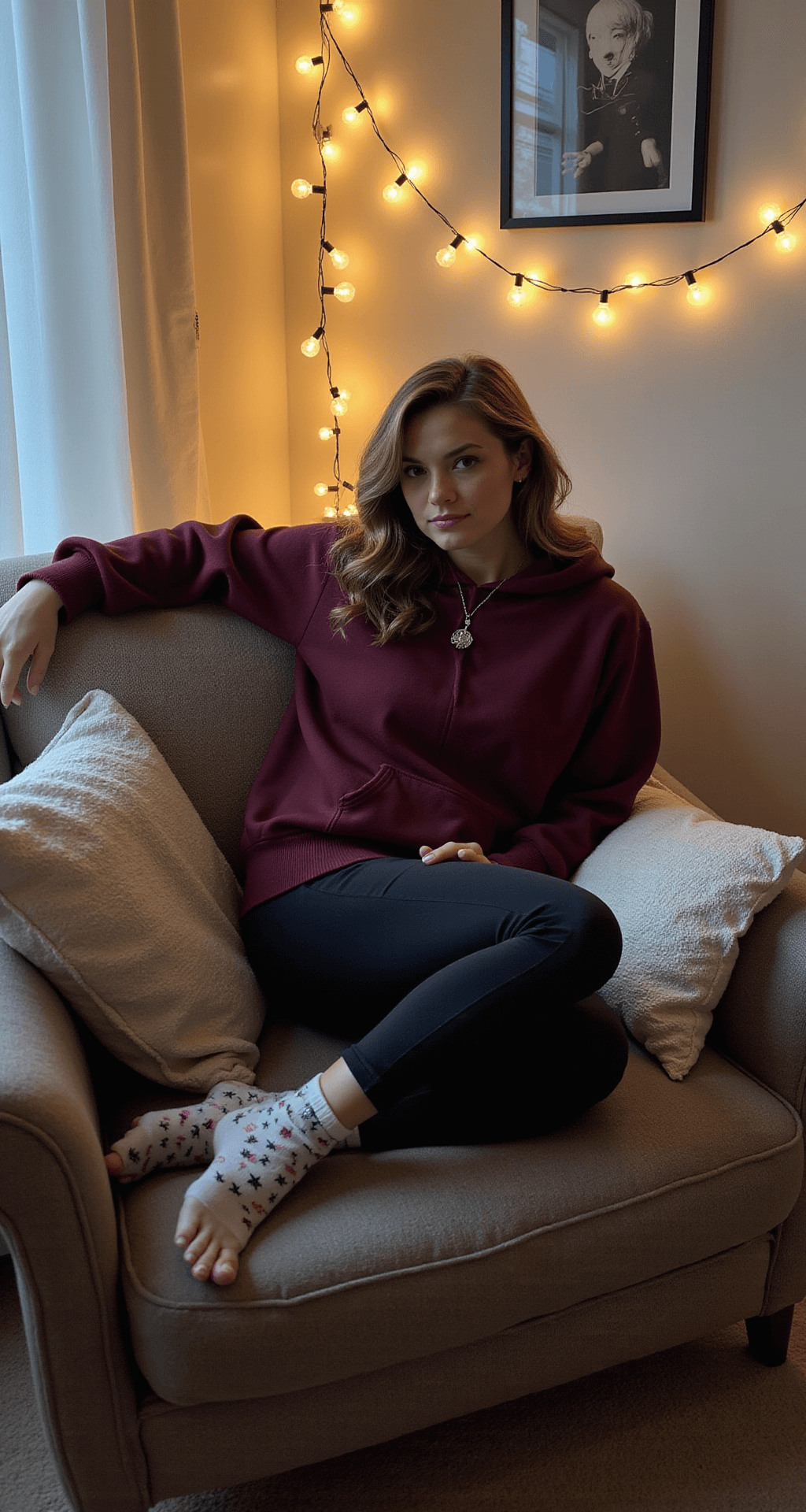 Cozy bedroom corner with string lights and throw pillows; a model curled up in a reading chair, dressed in black leggings, an oversized burgundy hoodie, and patterned socks, wearing a silver pendant necklace, captured from a side angle.