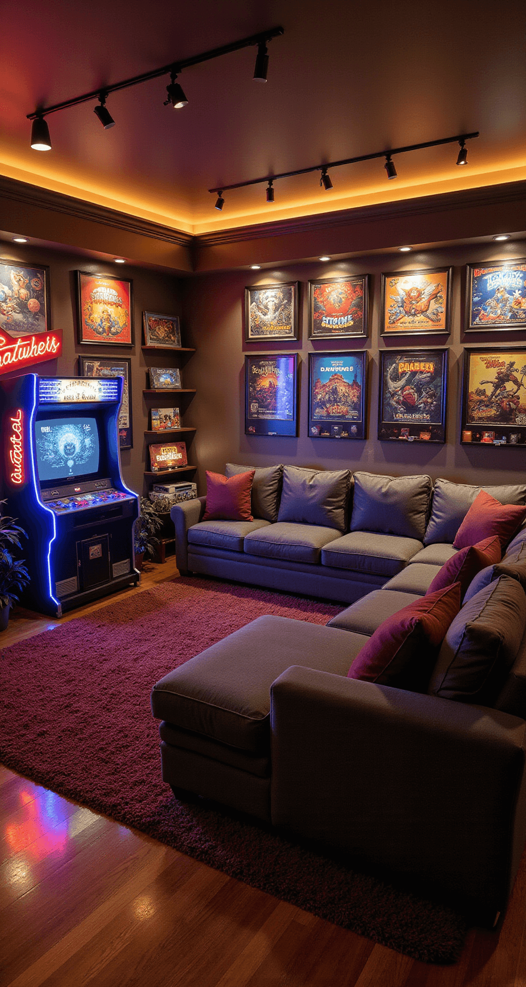 Large retro gaming paradise at night featuring an L-shaped entertainment center with a backlit classic console collection, a vintage arcade cabinet, neon signage, a gallery wall of framed retro game posters, a charcoal gray sectional sofa facing an 85