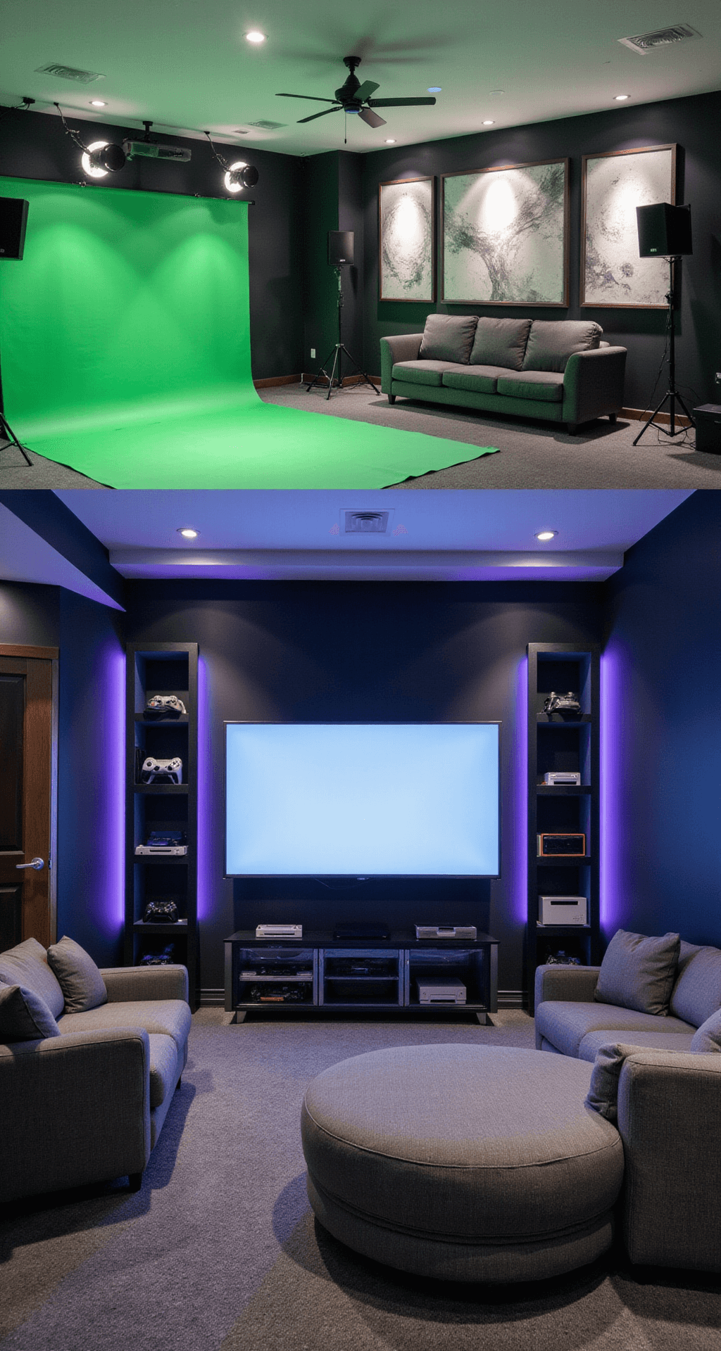 A spacious 20x15 ft game room split into a professional streaming setup with green screen and cameras on one side, and a cozy gaming lounge with a large OLED TV and modular sofas on the other, featuring soundproofing panels, a transparent LED-lit divider, and floating shelves with gaming consoles.