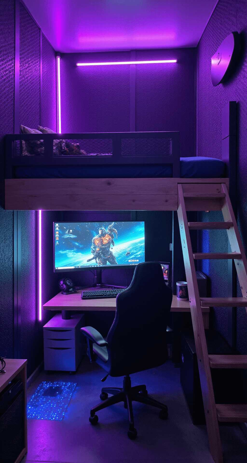 A compact game room with a loft bed and gaming station underneath, featuring a wall-mounted ultrawide monitor, neon tube lights in purple and blue, and a VR play area marked by LED floor lighting.