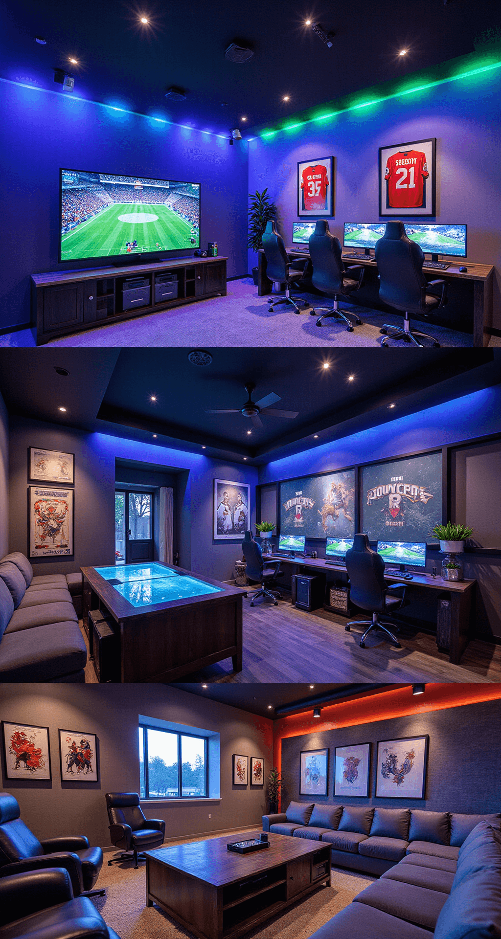 A vibrant 15x25 ft game room featuring a bar area with high stools and an 85-inch 8K TV for eSports viewing, dual gaming setups with triple monitors, a conversation pit with modular seating, and framed jerseys, all enhanced by dynamic smart lighting.