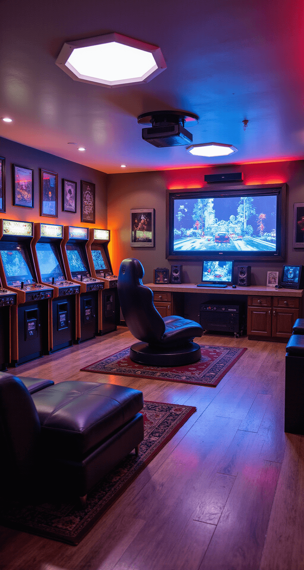 A retro-futuristic game room featuring vintage arcade cabinets, a sleek gaming PC with a transparent LCD, a circular pod chair with haptic feedback, programmable hexagonal light panels, a restored 1980s TV, and a modern 4K projector, blending warm nostalgic lighting with cool futuristic LEDs.