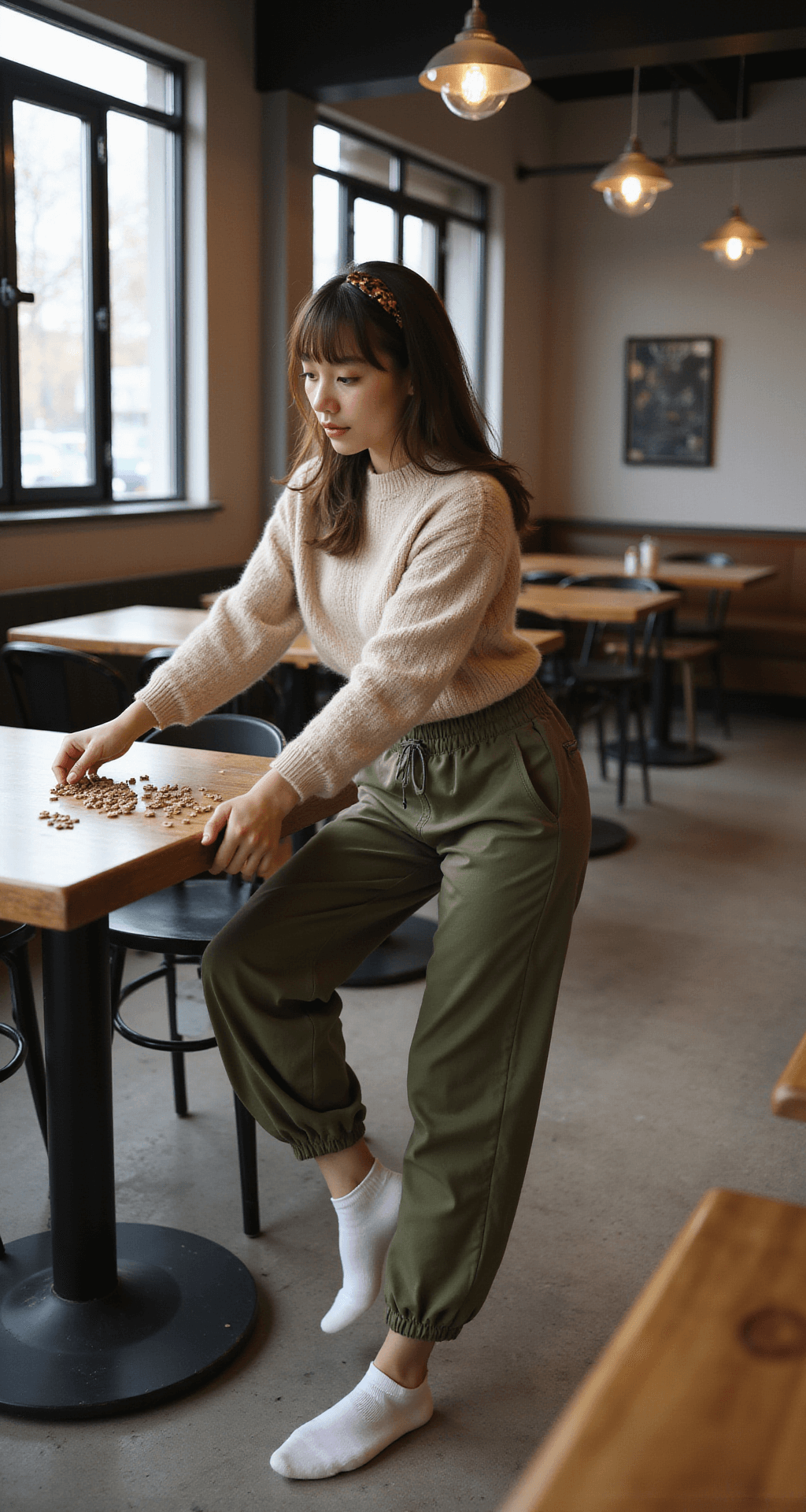 A person in high-waisted olive green joggers and a cropped beige sweater reaches for game pieces in a modern game cafe with industrial-chic decor, illuminated by soft mid-morning light. Their hair is styled half-up with a tortoiseshell clip, captured in a documentary-style candid shot that highlights natural movement.