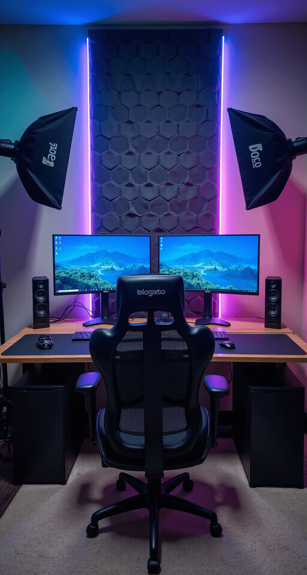 High-tech gaming streaming setup featuring dual PCs with vertical monitors, professional lighting softboxes, hexagonal sound dampening panels, RGB strips, an Elgato Stream Deck, and a branded gaming chair on a premium wood desk.