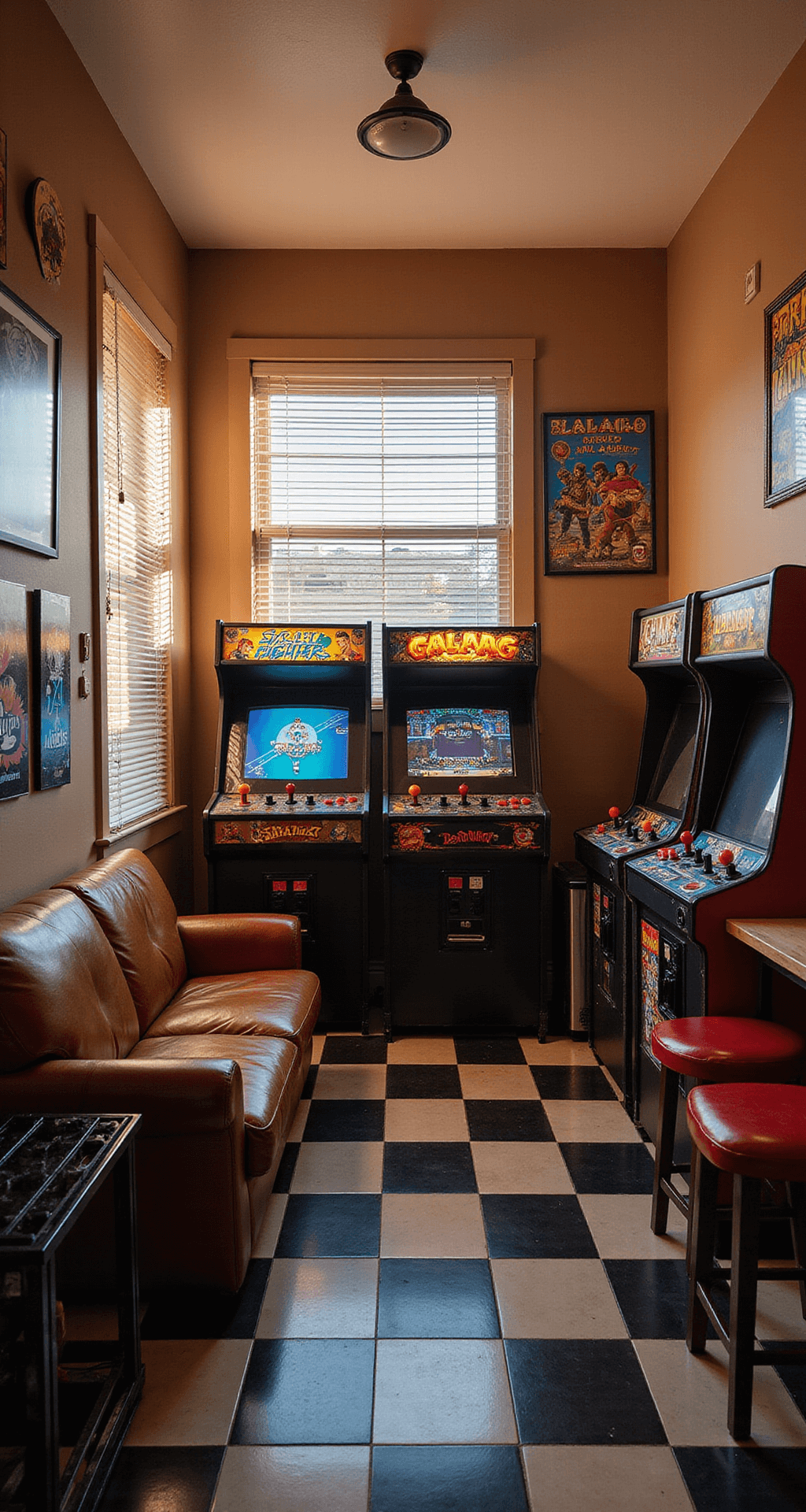 A cozy retro arcade room featuring three full-size arcade cabinets, a brown leather loveseat, neon signs, and a small bar area, all illuminated by warm afternoon sunlight filtering through venetian blinds.