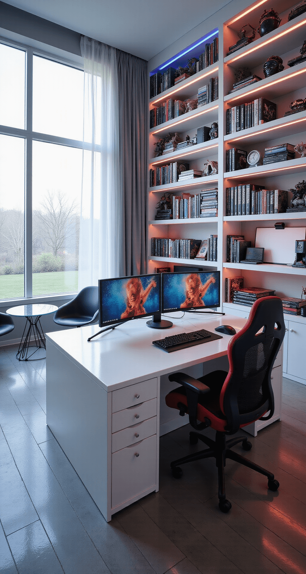 A modern home office and gaming paradise featuring a massive L-shaped desk with a triple-monitor setup, ergonomic gaming chair, and floor-to-ceiling windows, complemented by a bookshelf filled with books and figurines, a large whiteboard, and a cozy seating area. The color scheme includes white and gray with accents of red and blue LED lighting.