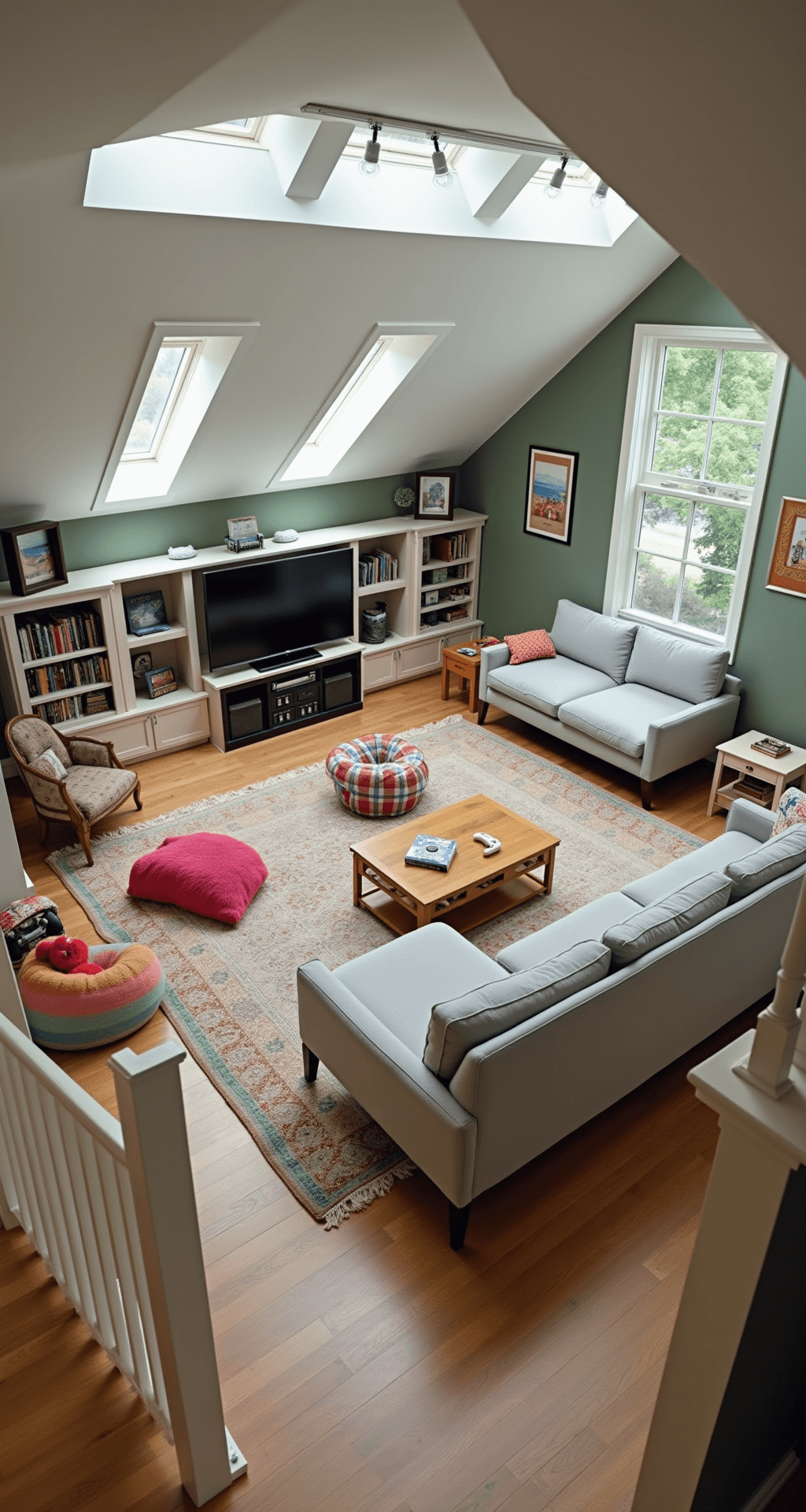 A cozy, multi-functional family game room in a converted attic features distinct zones for console gaming, tabletop games, and a kids' corner, with soft lighting, sage green walls, and personal decor.