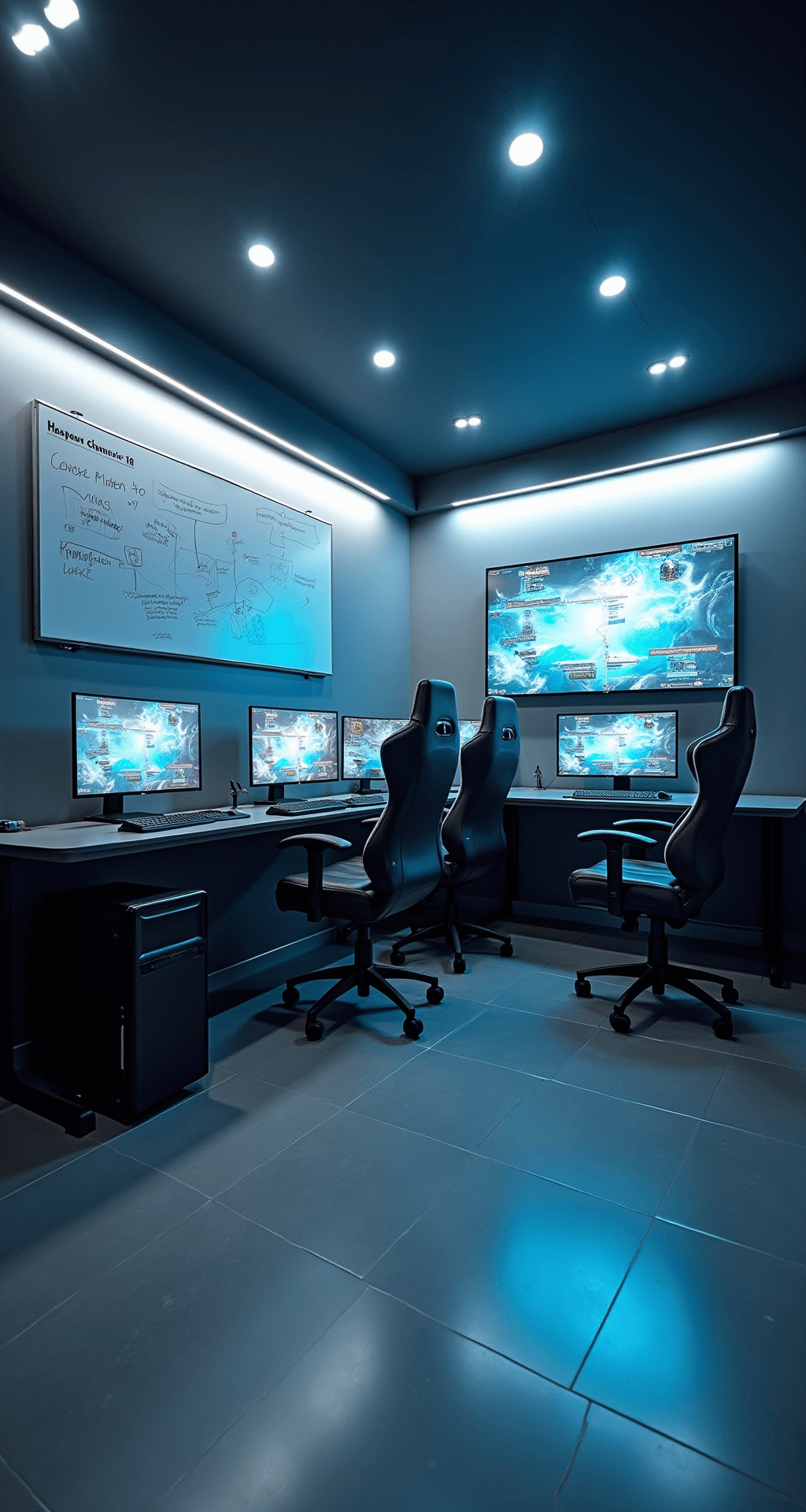A minimalist esports training room featuring four high-end gaming setups, a massive whiteboard for strategy, a large screen for gameplay review, and a soundproofed booth, with black and white decor accented by electric blue LED strips.