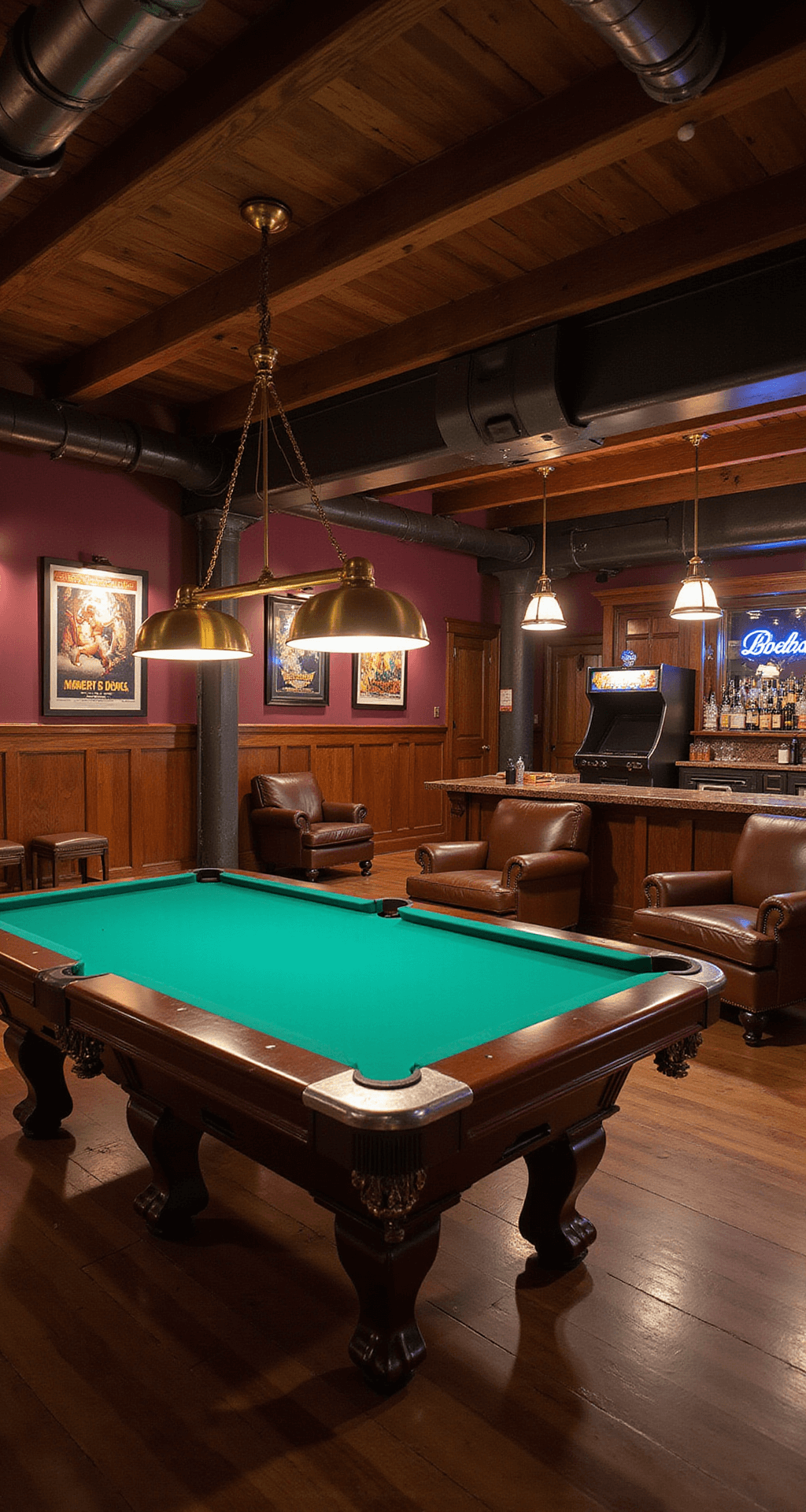A spacious basement game room featuring a regulation-size pool table, leather club chairs, a wooden bar, and vintage arcade cabinets, all under warm ambient lighting and adorned with rich wood paneling and vintage decor.