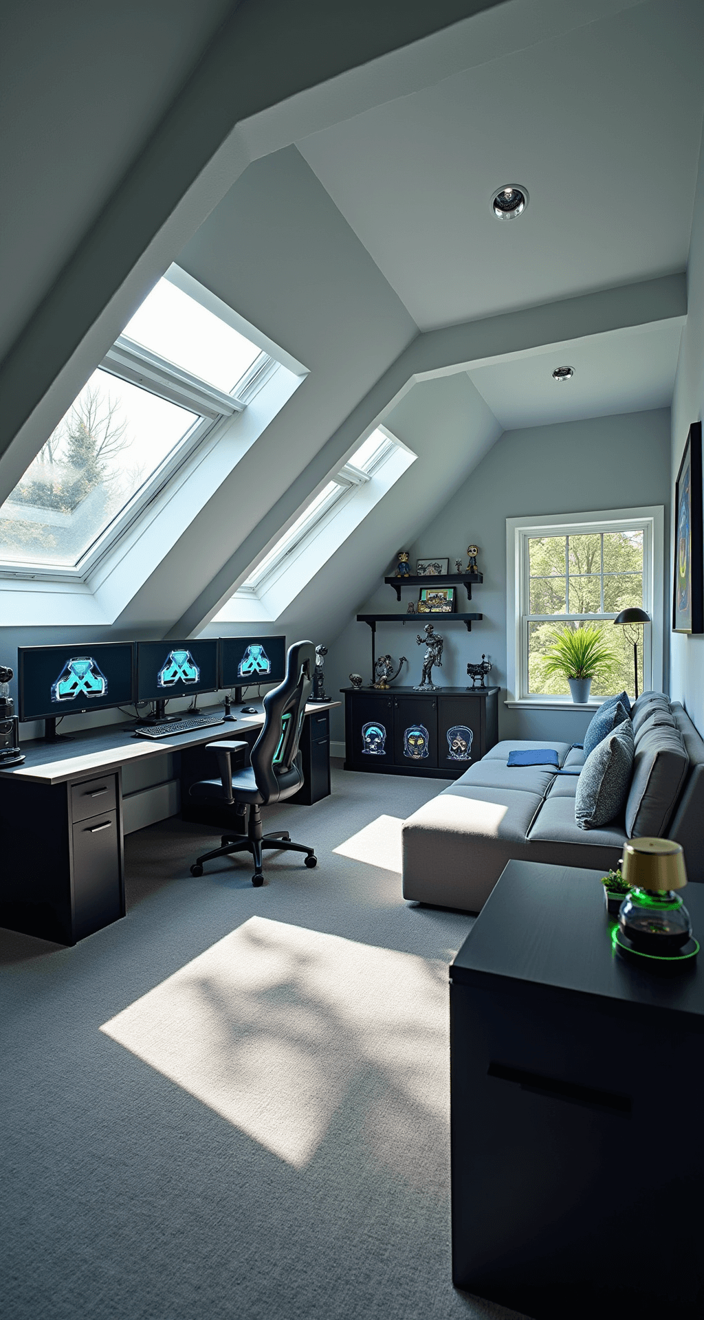 A modern attic game room featuring sloped ceilings, bright daylight from dormer windows, a custom gaming desk with multiple monitors and RGB-lit peripherals, a cozy sectional facing a large TV, collectible figurines on floating shelves, and a plush gray carpet, accented with electric blue and neon green decor.