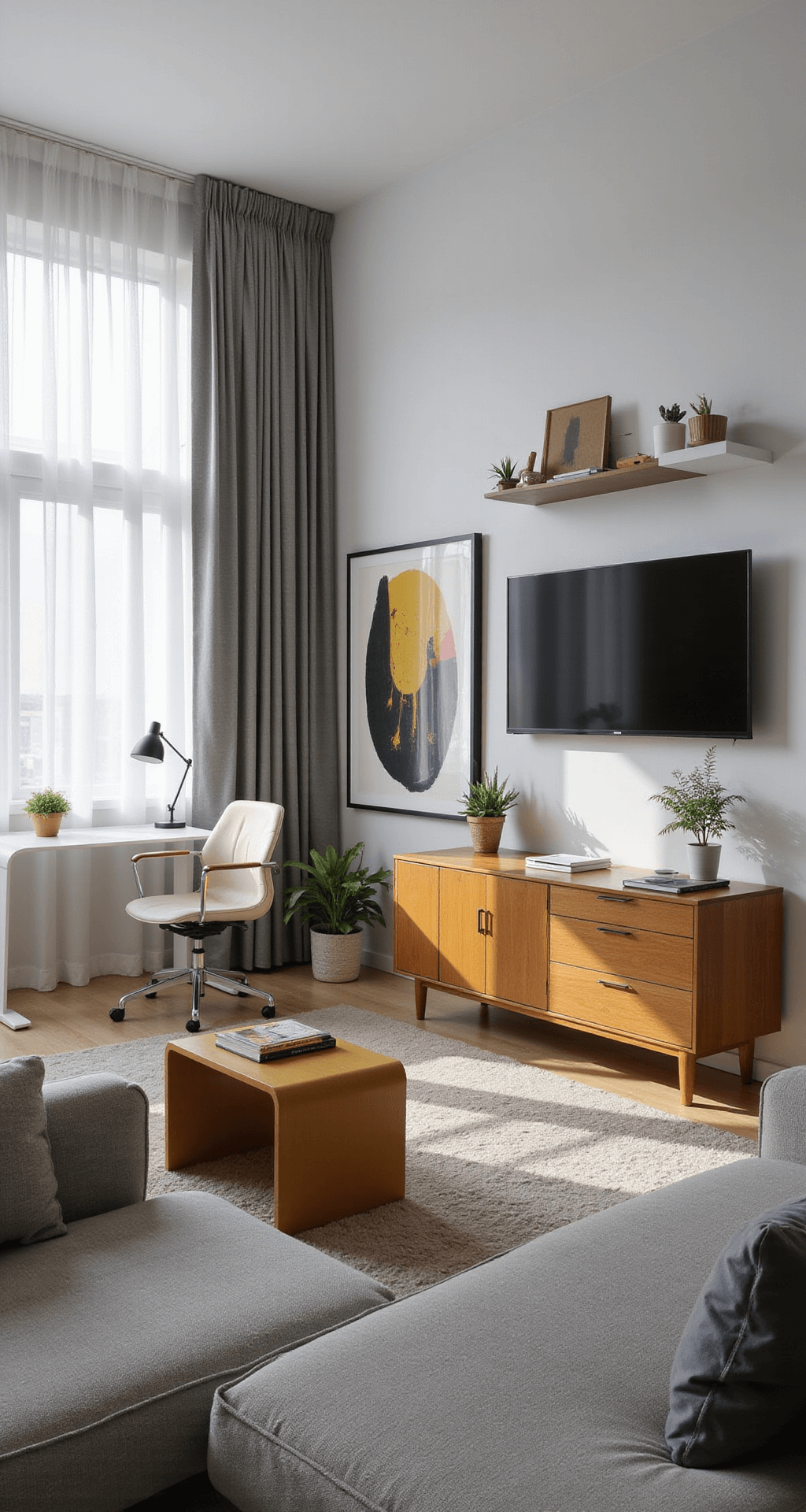 A stylish home office and game room combo featuring a sleek white desk and ergonomic chair on one side, and a modular sofa with a wall-mounted 65