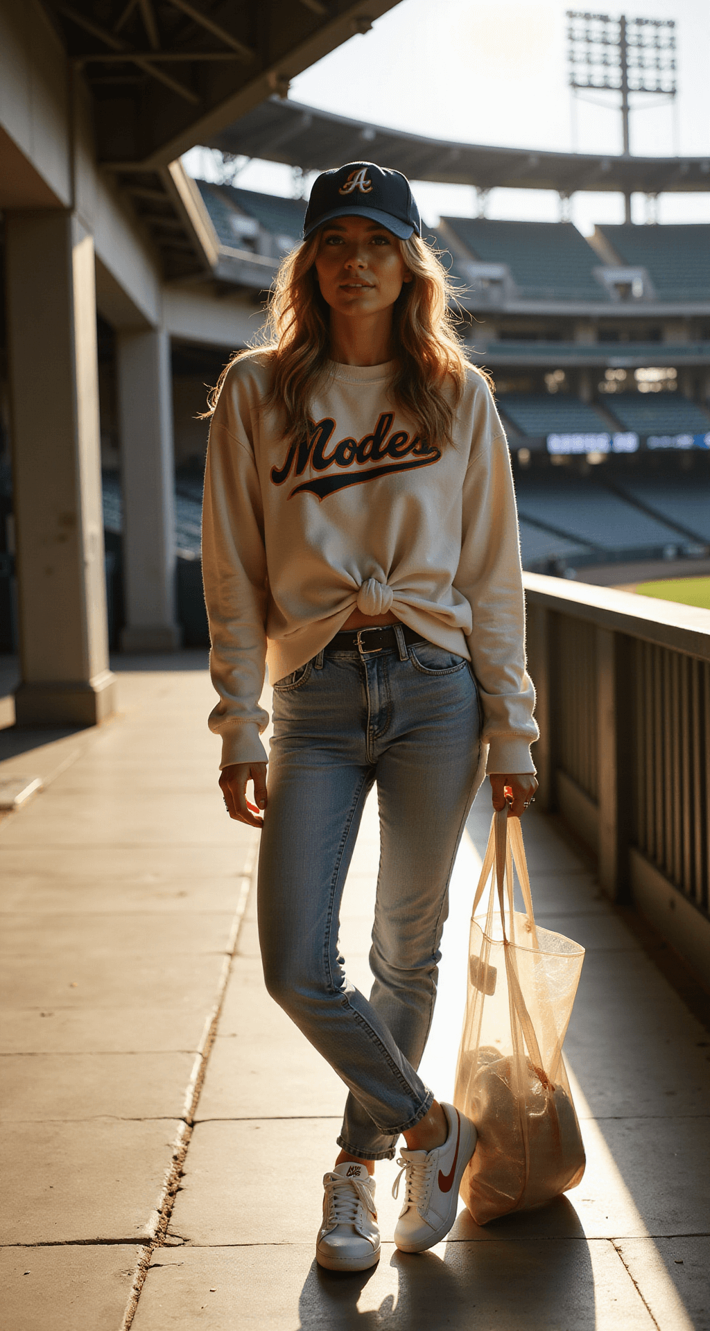 A stylish young woman in a vintage baseball sweatshirt and high-waisted mom jeans stands in a sunlit stadium concourse, showcasing her Nike Air Force 1s and navy cap. A clear tote displays neatly organized essentials, as golden hour light casts warm shadows across the industrial-chic architecture in the background.