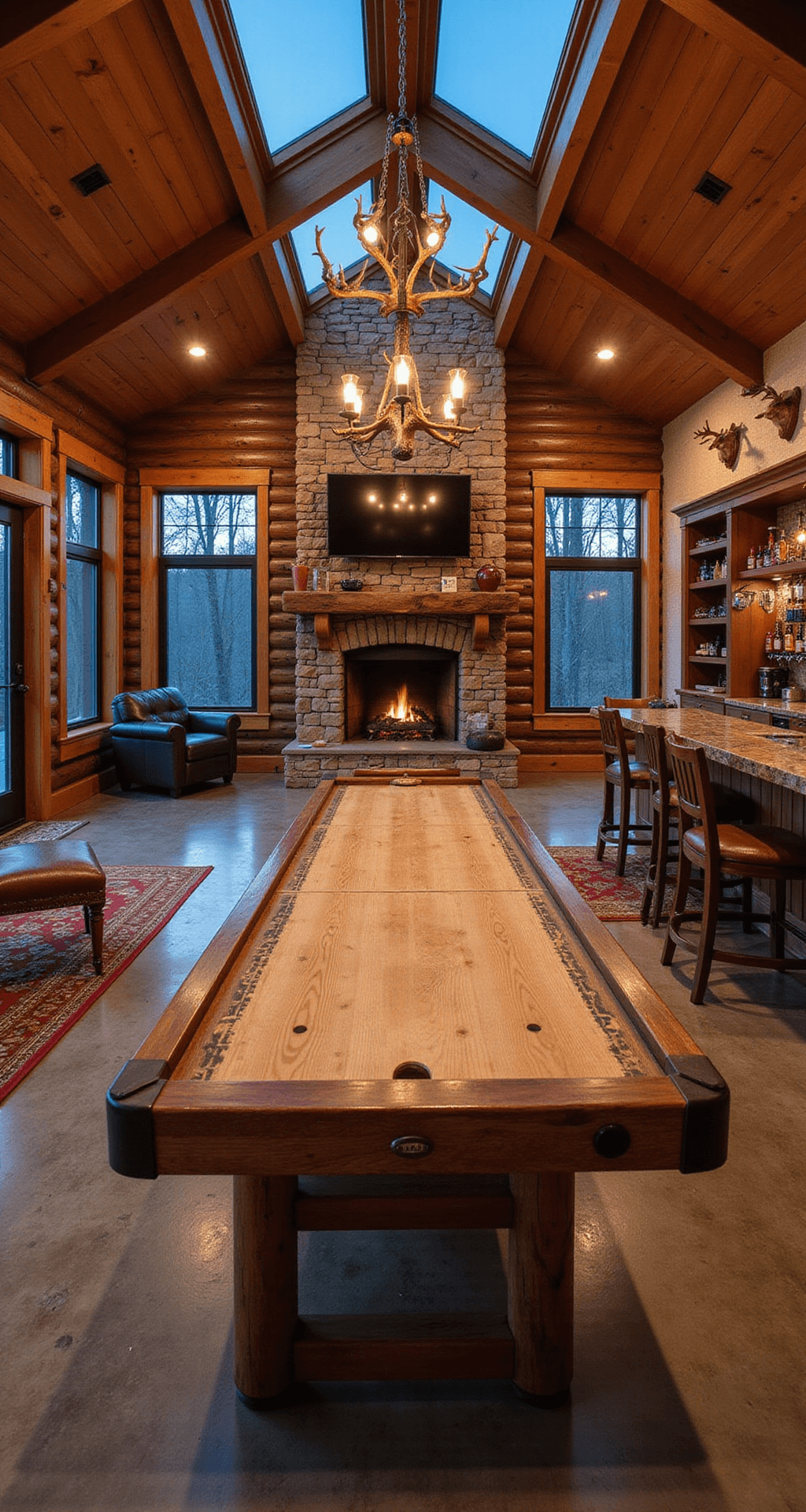 A panoramic view of a lodge-inspired game room in a converted garage, featuring a rustic shuffleboard table, leather armchairs, and a stone fireplace, all illuminated by warm dusk light filtering through clerestory windows. The space includes a built-in entertainment center, a wet bar with copper sink, and cozy decor elements like antler chandeliers and plaid accents, set on polished concrete floors with area rugs.