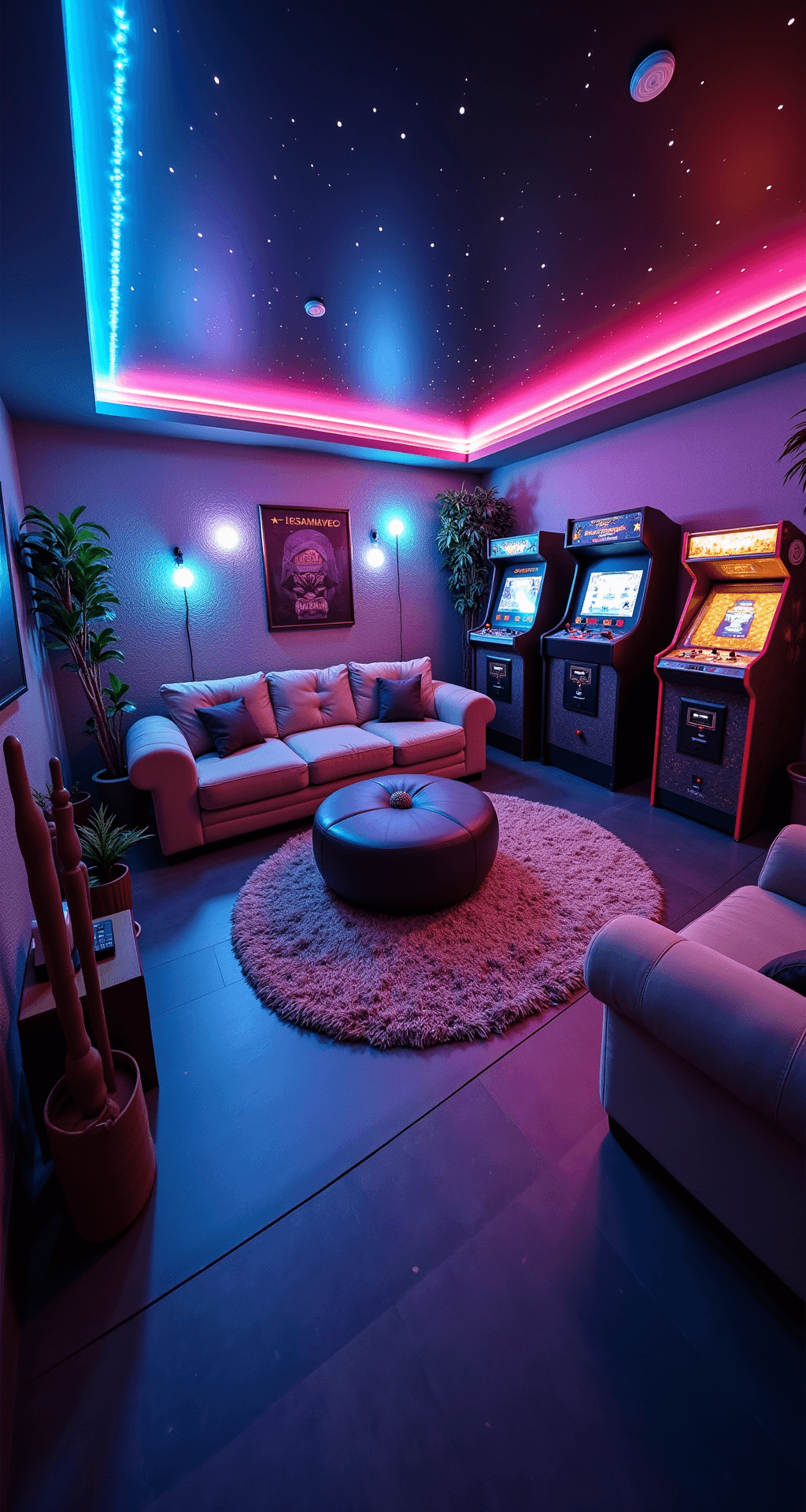 A vibrant retro arcade-themed game room in a finished basement, showcasing classic arcade cabinets, a cozy lounge area with velvet sofas, a jukebox, and pinball machines, all illuminated by colorful neon lights and LED strips, with a starry ceiling overhead, captured from a fish-eye lens angle.