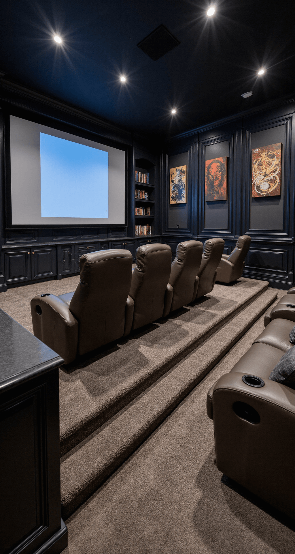 A luxurious multipurpose game room and home theater featuring tiered seating, a large projection screen, extensive board game shelves, and a small wet bar, all in a deep navy and charcoal color scheme with bronze accents, illuminated by low moody lighting and subtle LED strips.