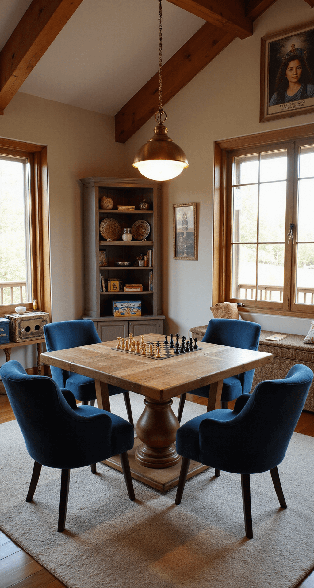 A spacious family room with vaulted ceilings, featuring a rustic oak game table and plush navy chairs, illuminated by warm sunlight and a vintage pendant light, accented by a bookshelf and whimsical artwork.