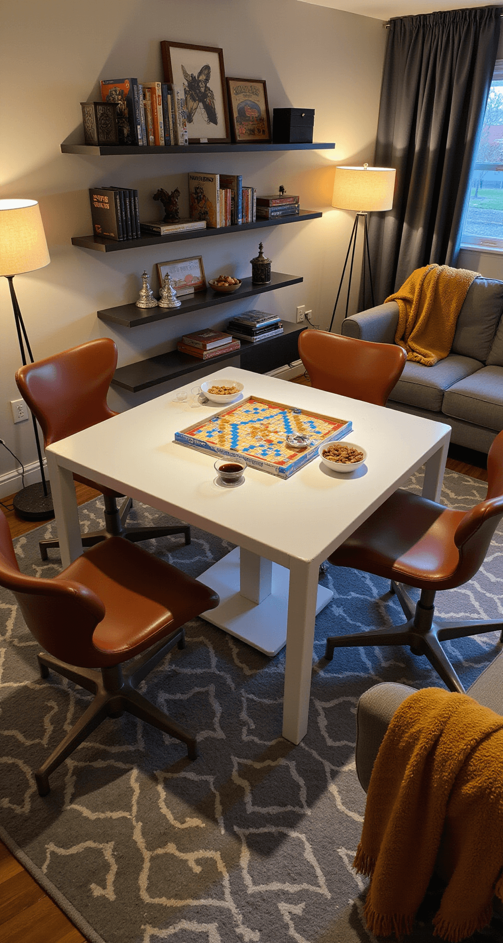Cozy family room with a modern game table, mid-century chairs, and a vibrant Scrabble game surrounded by snacks and drinks, illuminated by soft evening light.