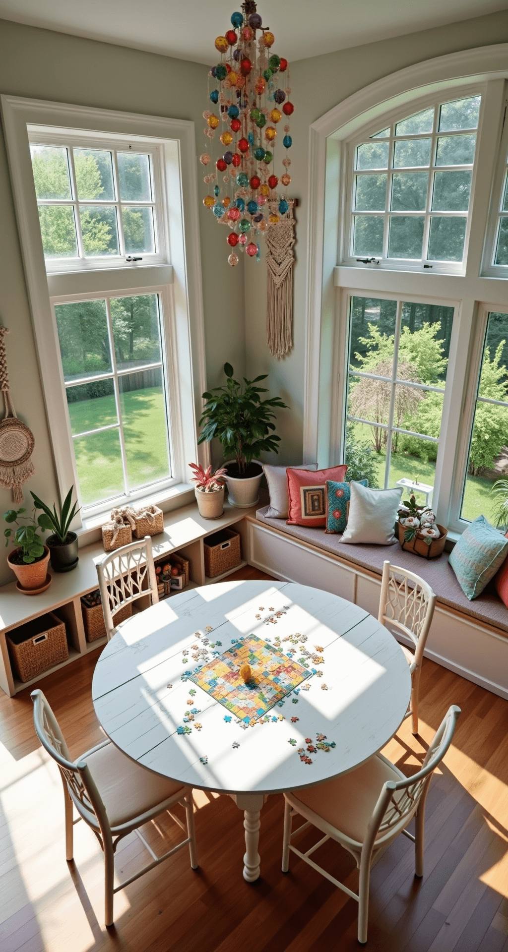 A bright open-concept living space featuring a farmhouse-style game table surrounded by pastel chairs, illuminated by morning light through floor-to-ceiling windows, with a lush garden view, a whimsical chandelier, and bohemian decor.