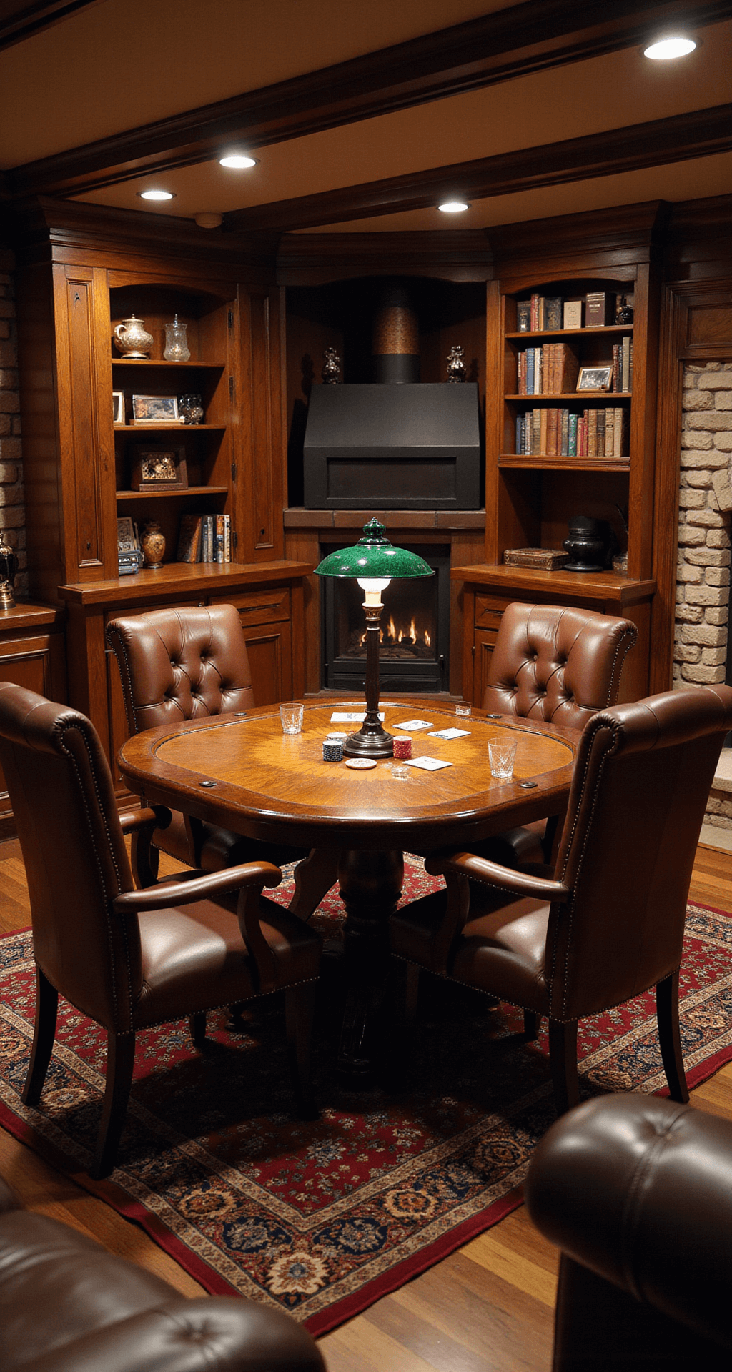 A cozy den with dark wood paneling, featuring a crackling fireplace and a multi-functional game table set for poker, surrounded by high-backed leather chairs, illuminated by a green banker's lamp, with bookshelves of leather-bound books and a plush Oriental rug.